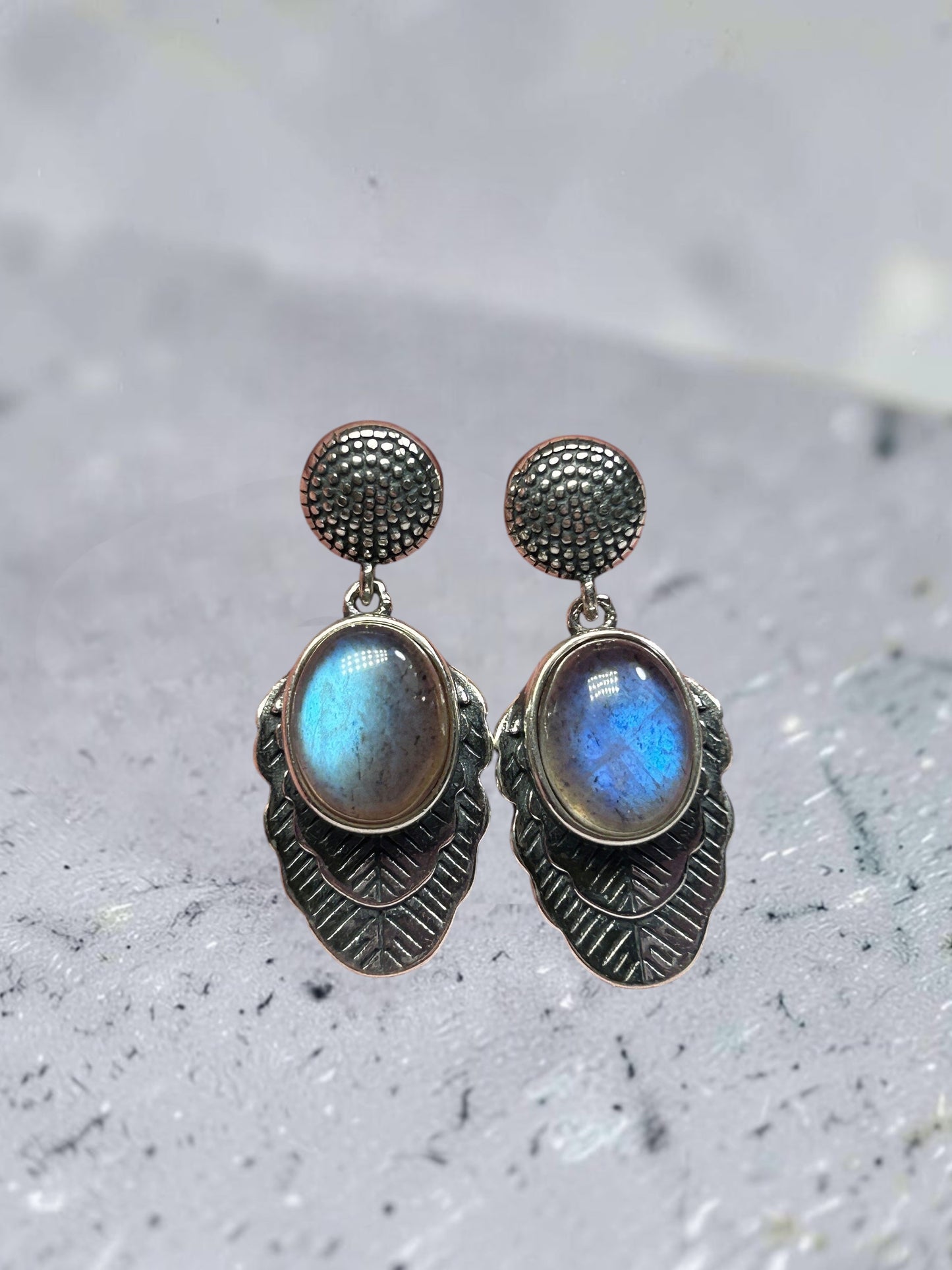 Leaf Earrings with Labradorite Gemstones • 925 Sterling Silver • Gift Box