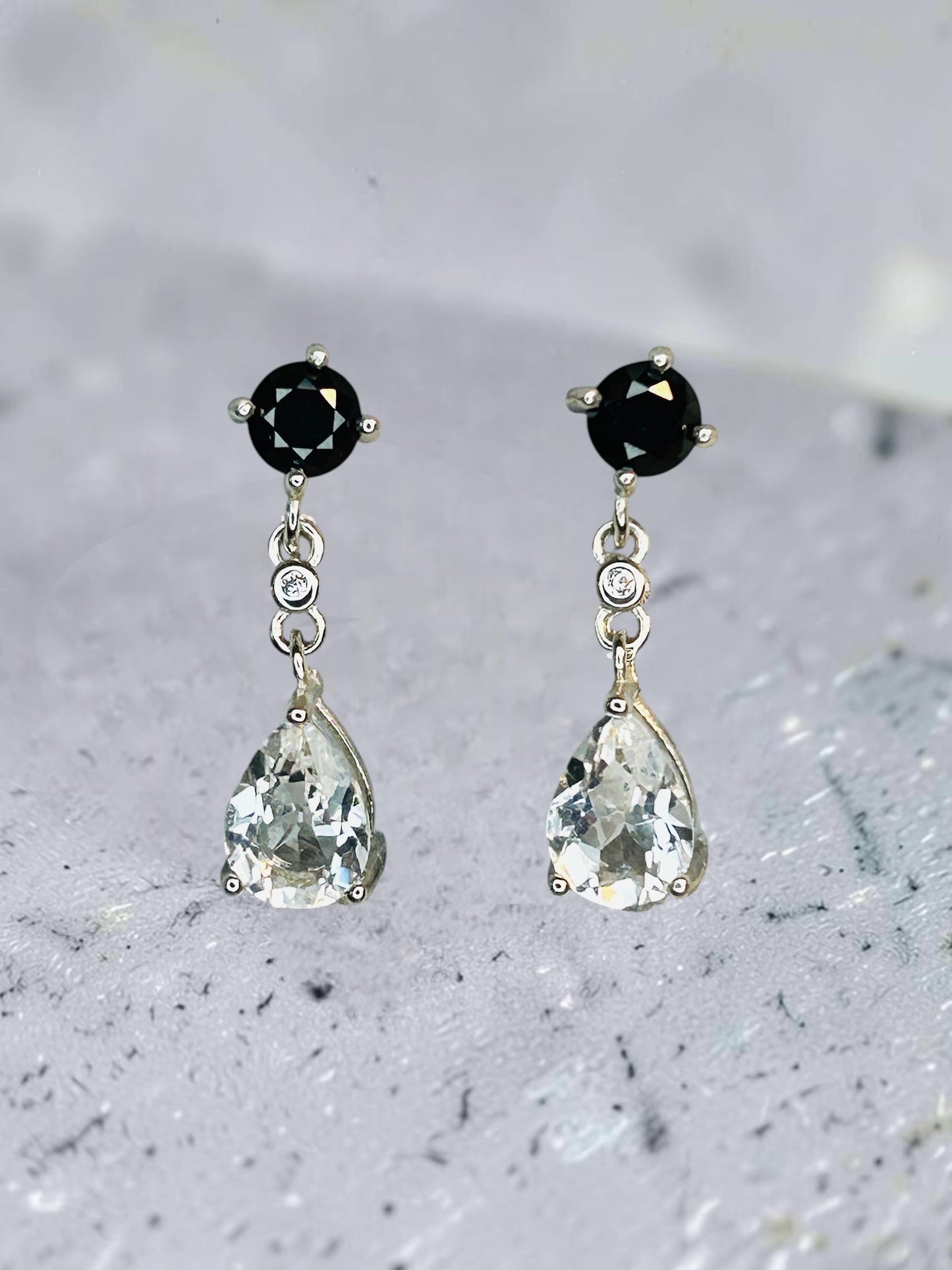 Clear Quartz Dropper Earrings with Black Spinel • 925 Sterling Silver • Gift Box