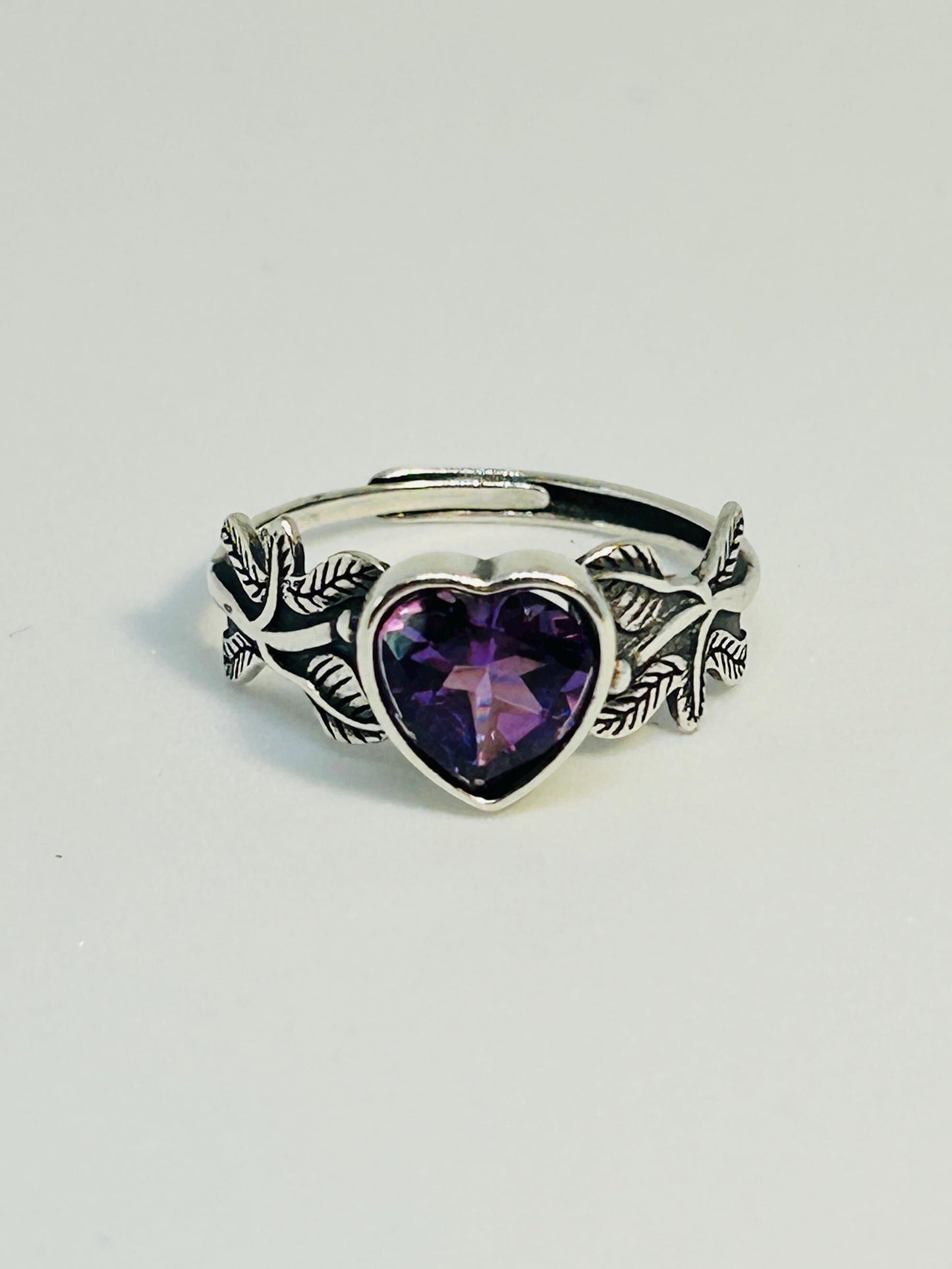 Crystal Heart Ring with Faceted Amethyst Gemstone • 925 Sterling Silver • Adjustable • Gift Box