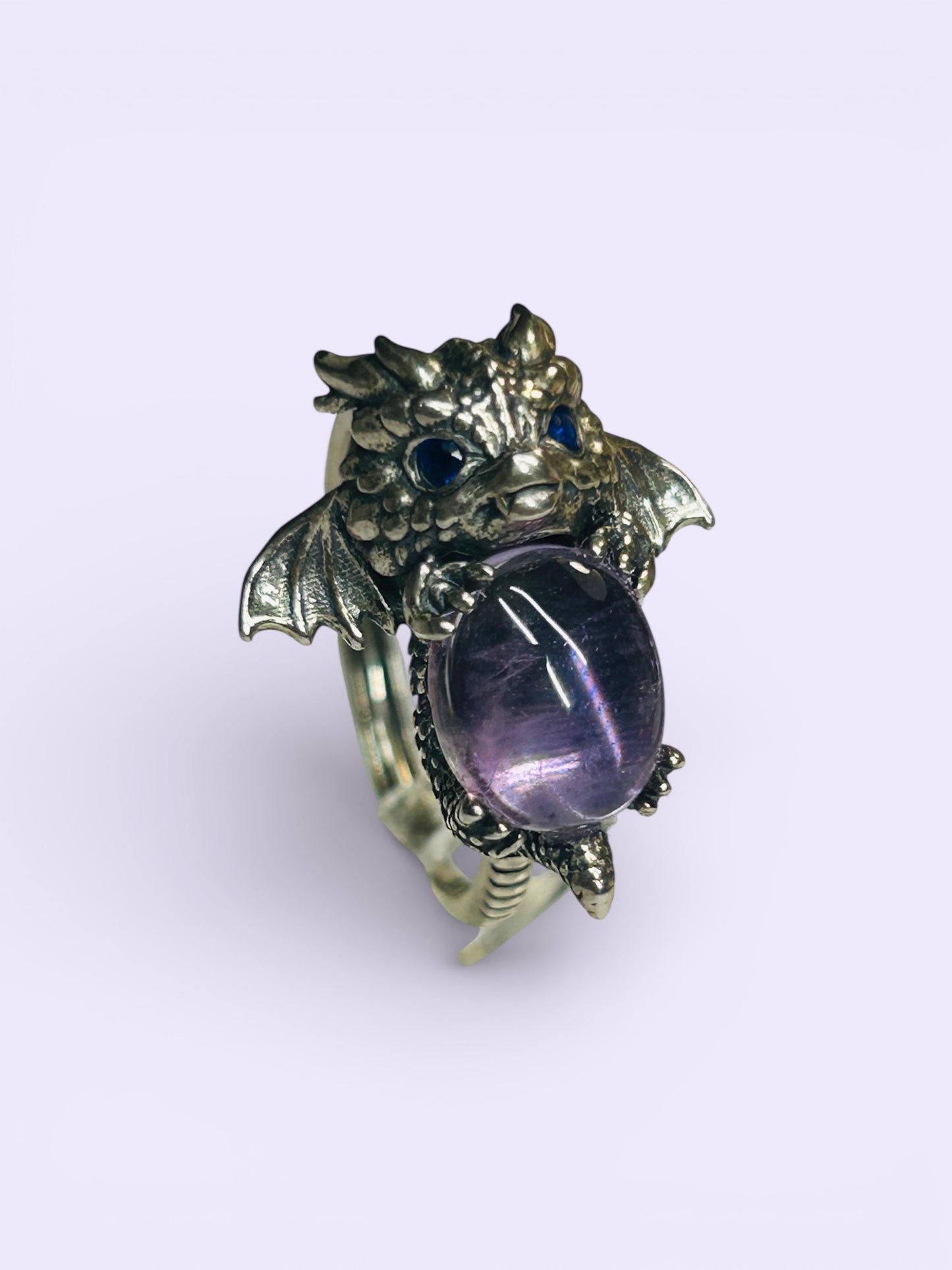 925 Silver Amethyst Ring • Baby Dragon Design • Adjustable • Giftbox