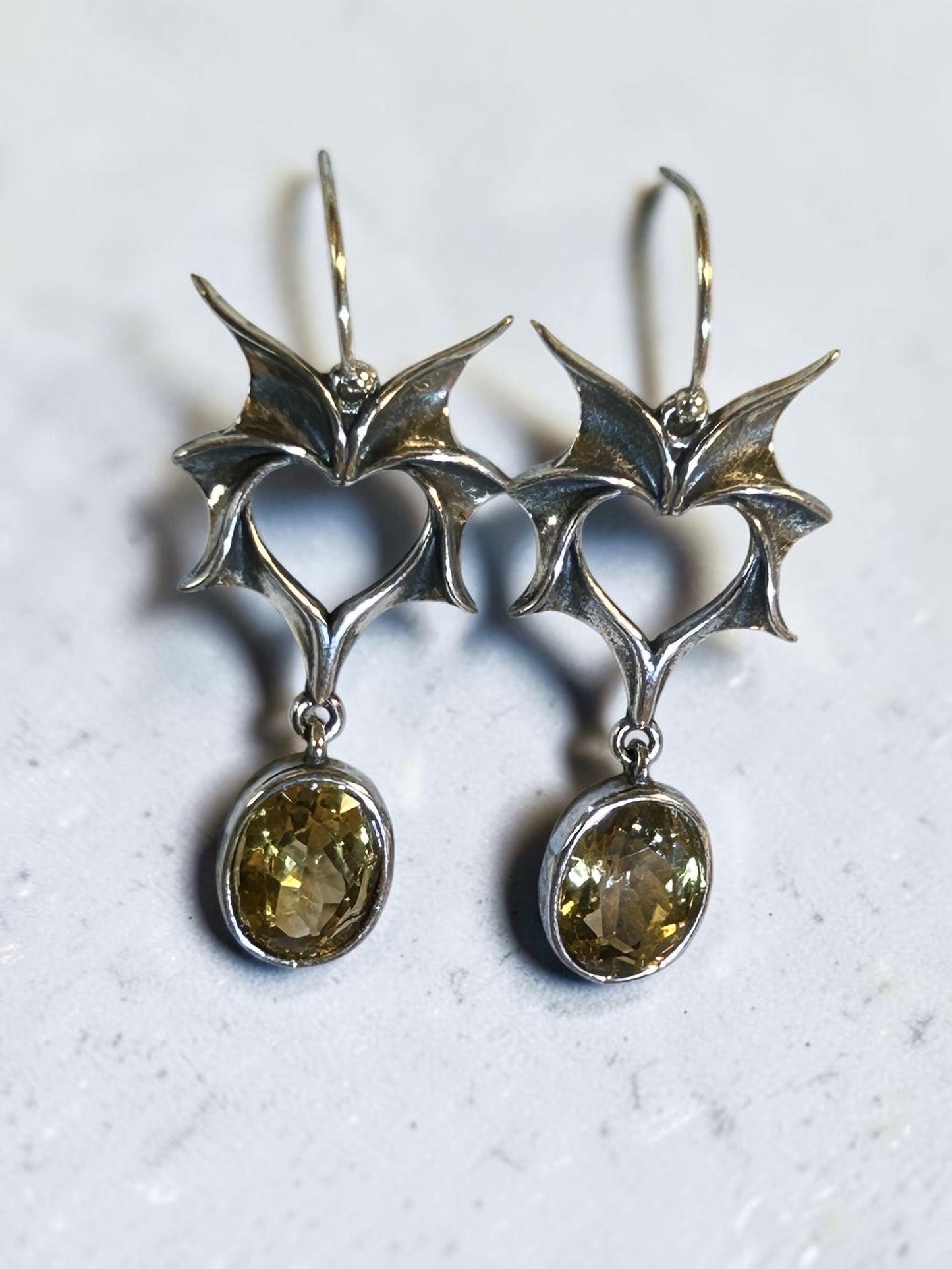 Gothic Bat Wing Earrings with Faceted Citrine Gemstone • 925 Sterling Silver • Gift Box