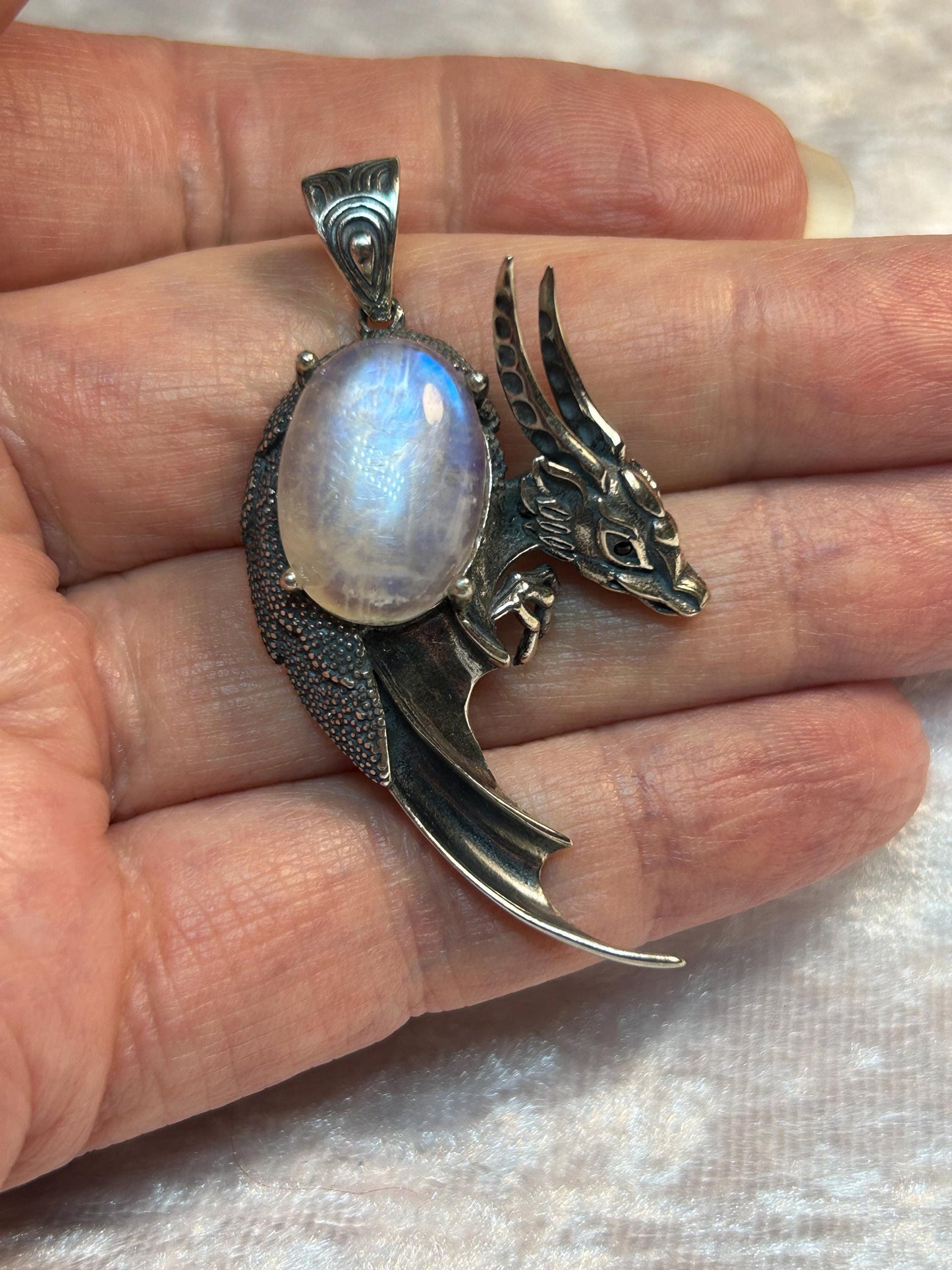 Moonstone Dragon Pendant - 925 Sterling Silver - Blue Flashy Gemstone - Gift Boxed