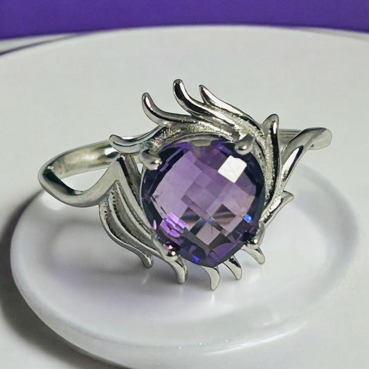 Faceted Amethyst Gemstone Adjustable Sterling Silver Lash Design Ring, Gift Boxed Unique Jewelry