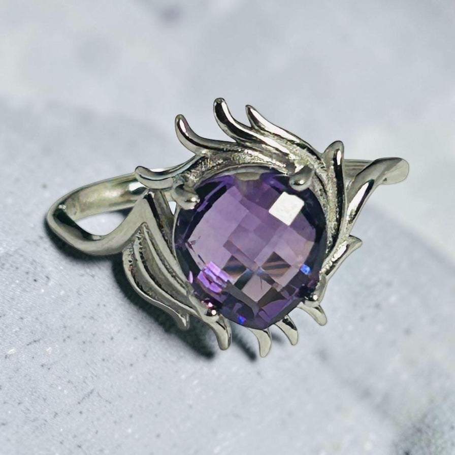 Faceted Amethyst Ring • 925 Sterling Silver • Adjustable • Gift box