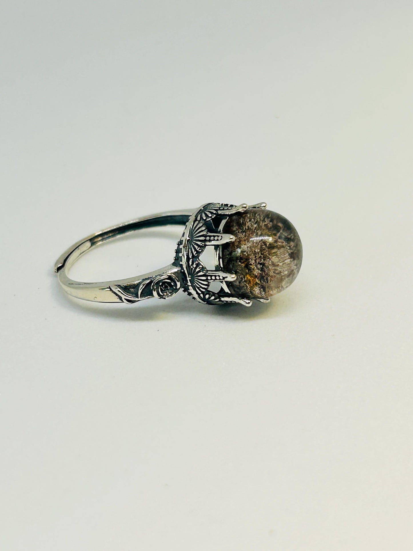 Floral Ring with Garden Quartz Gemstone • 925 Sterling Silver • Adjustable • Gift Box