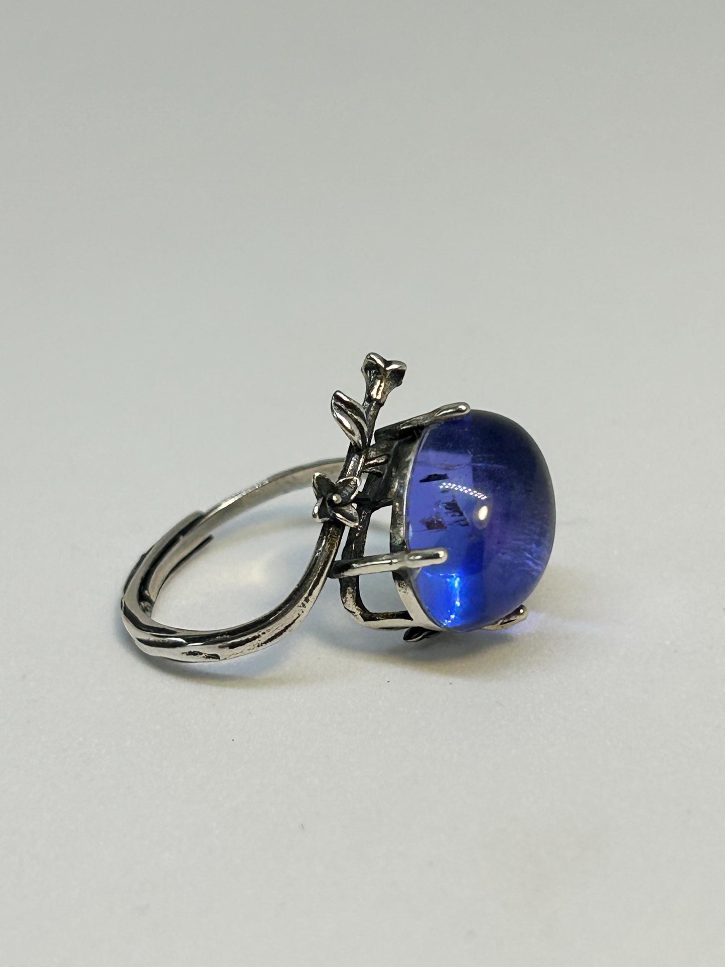 Blue Fluorite Ring with Nature Inspired Floral Design • 925 Sterling Silver • Adjustable • Gift Box