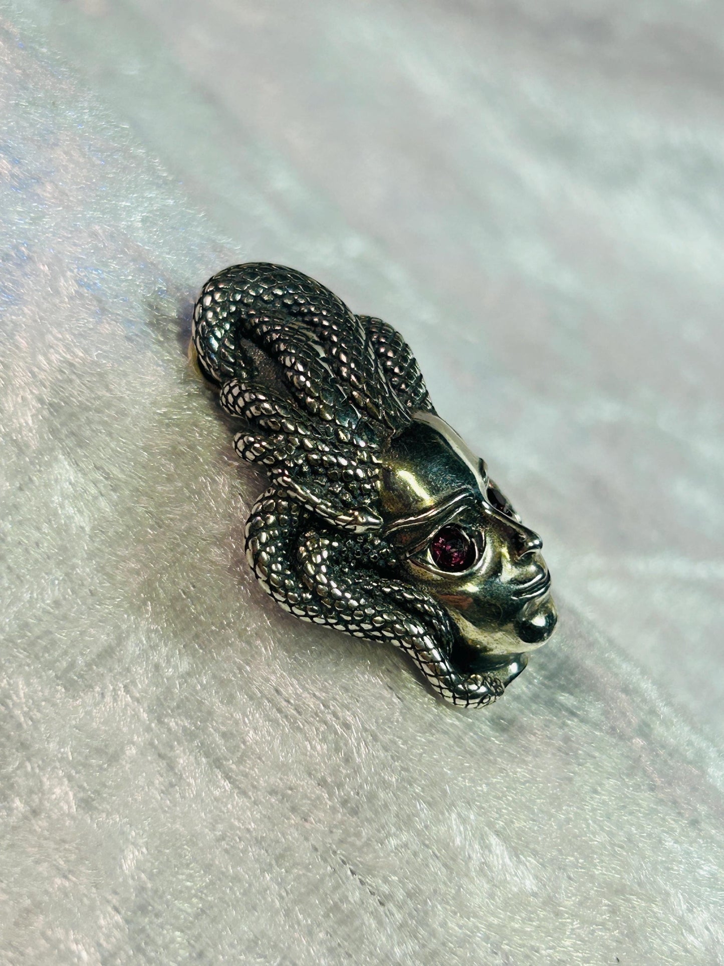 Medusa Pendant with Garnet Gemstones • 925 Sterling Silver • Gift Box