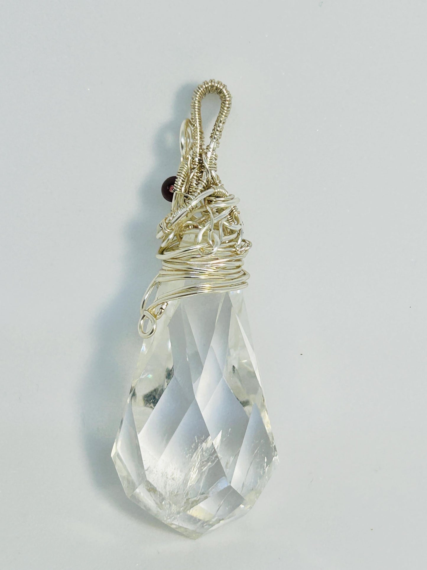 Faceted Clear Quartz Pendant with Garnet Bead • Wire Wrapped Teardrop • Gift Bag