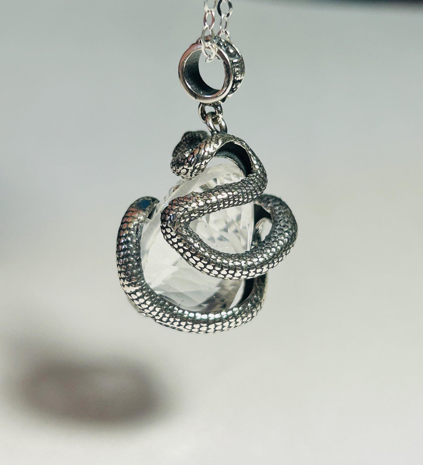 Sterling Silver Snake Pendant With Clear Quartz Gemstone - 925 - Gift Boxed
