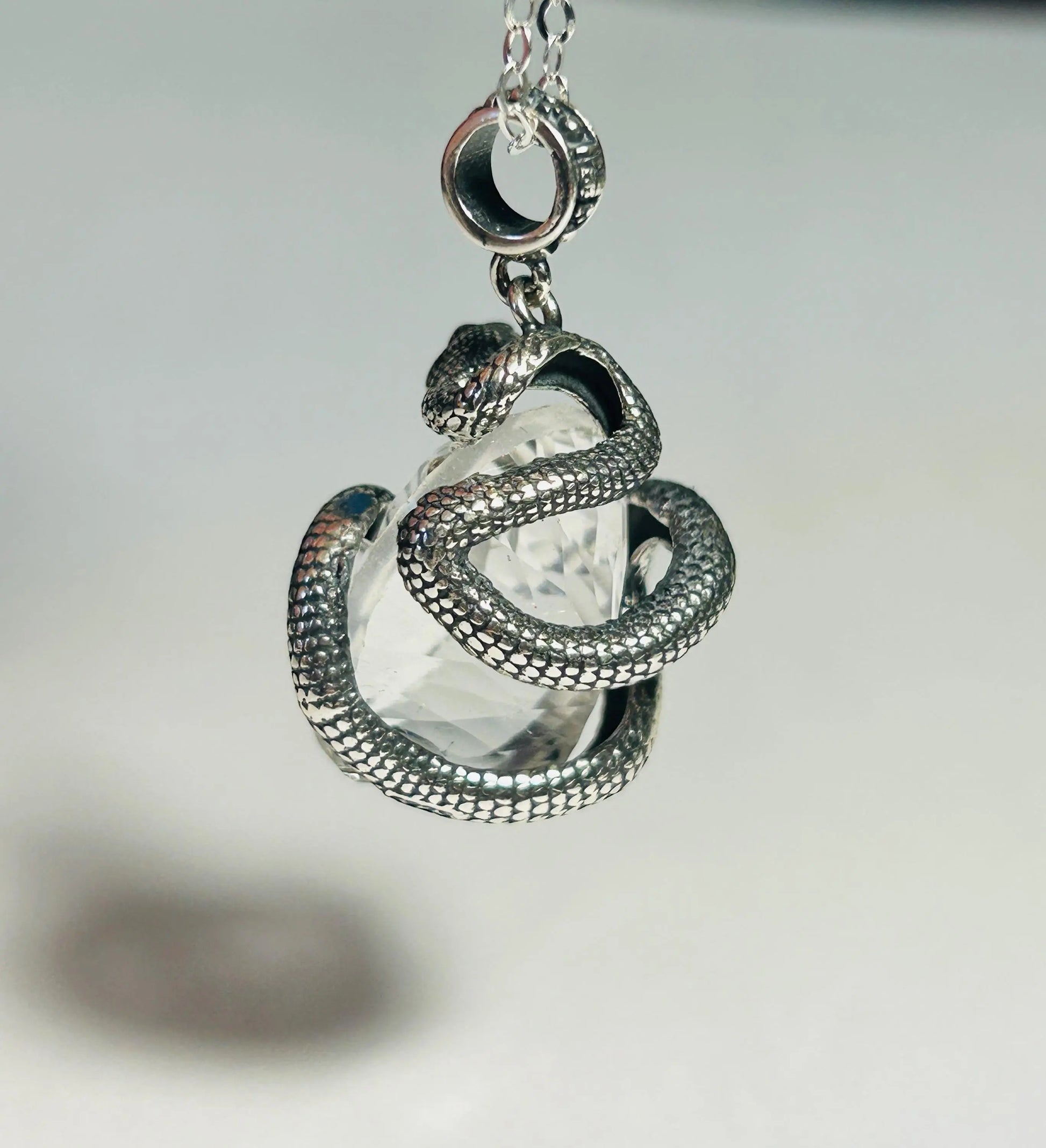 Coiled Snake Pendant with Clear Quartz Gemstone • 925 Sterling Silver • Gift Box Celtic Dragon Jewellery