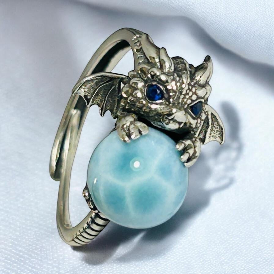 Baby Dragon Ring with Larimar Gemstone • 925 Sterling Silver • Adjustable • Gift box
