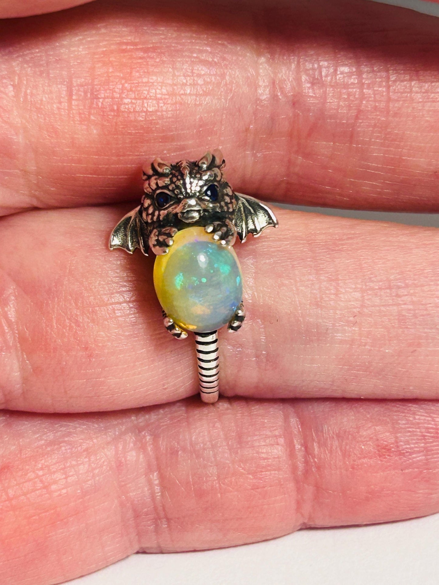 Baby Dragon Ring with Opal Gemstone • 925 Sterling Silver • Adjustable • Gift box