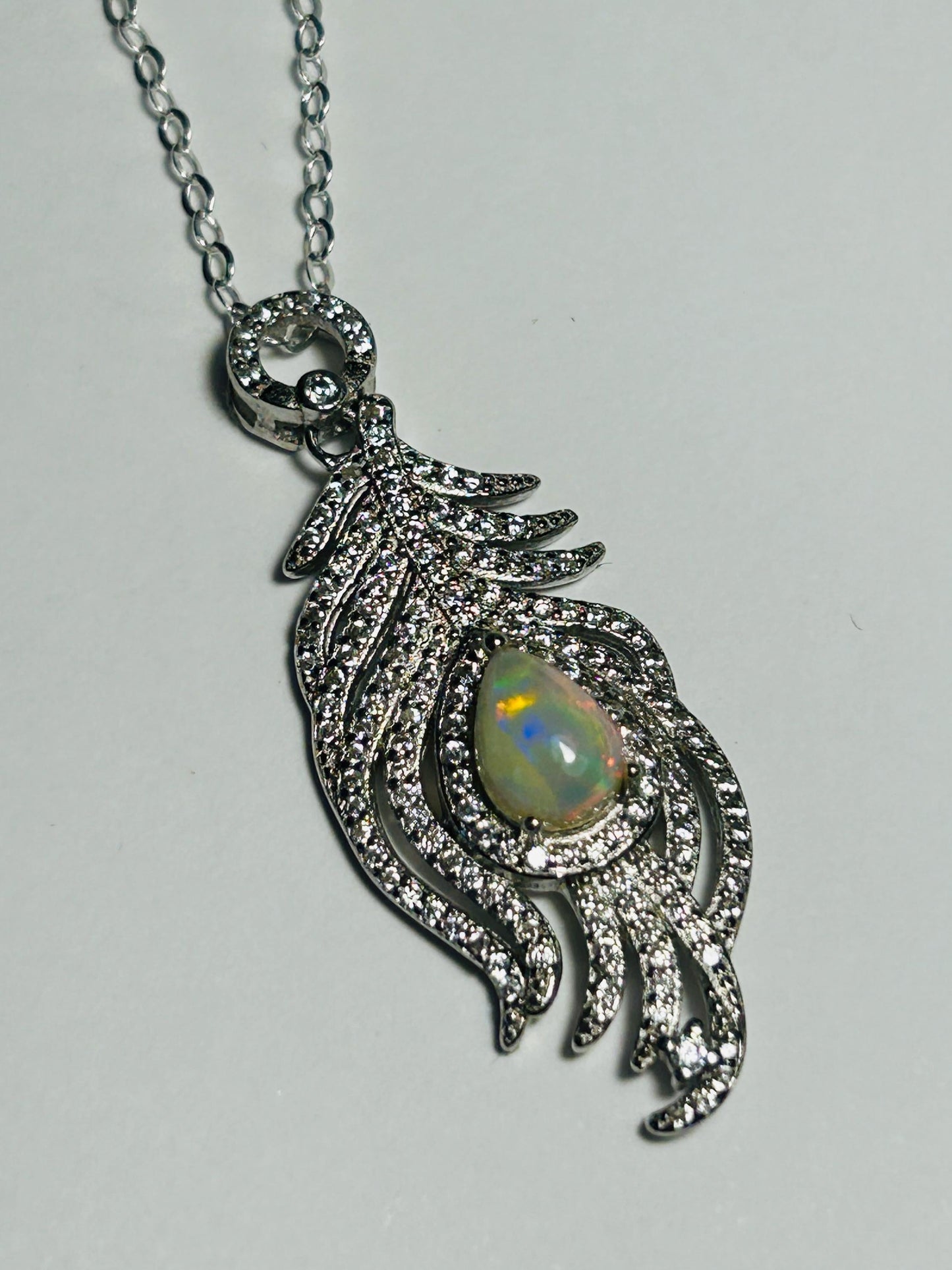 Peacock Feather Pendant with Opal Gemstone • 925 Sterling Silver • CZ Accents • Gift Box