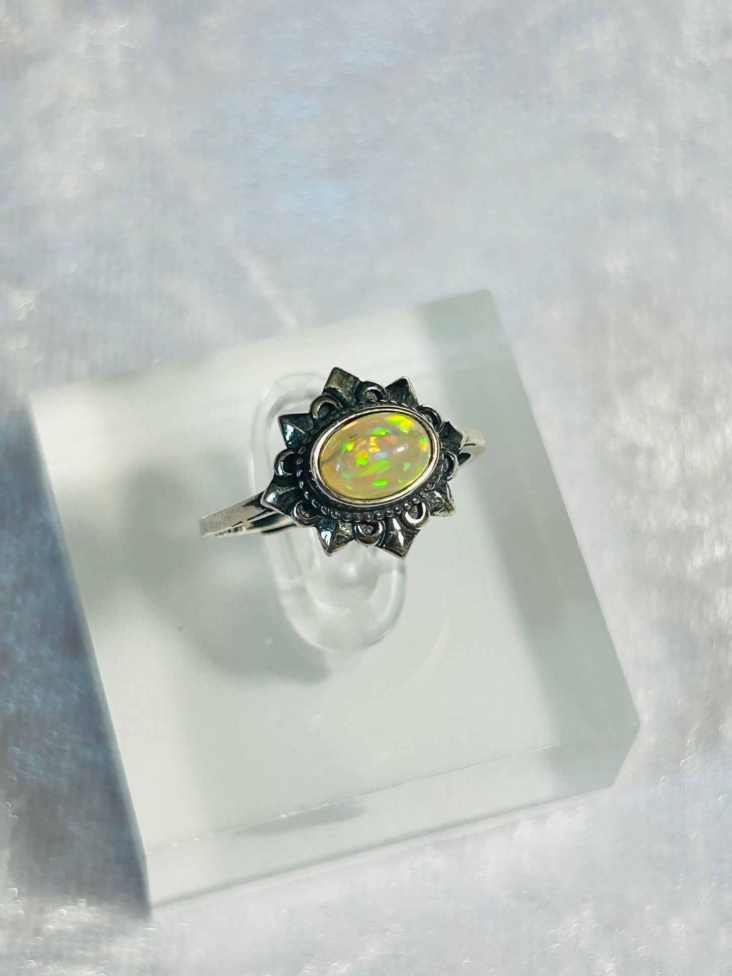 925 Silver Ring With Rainbow Opal Gemstone - Adjustable Ring - Supplied In Gift Box