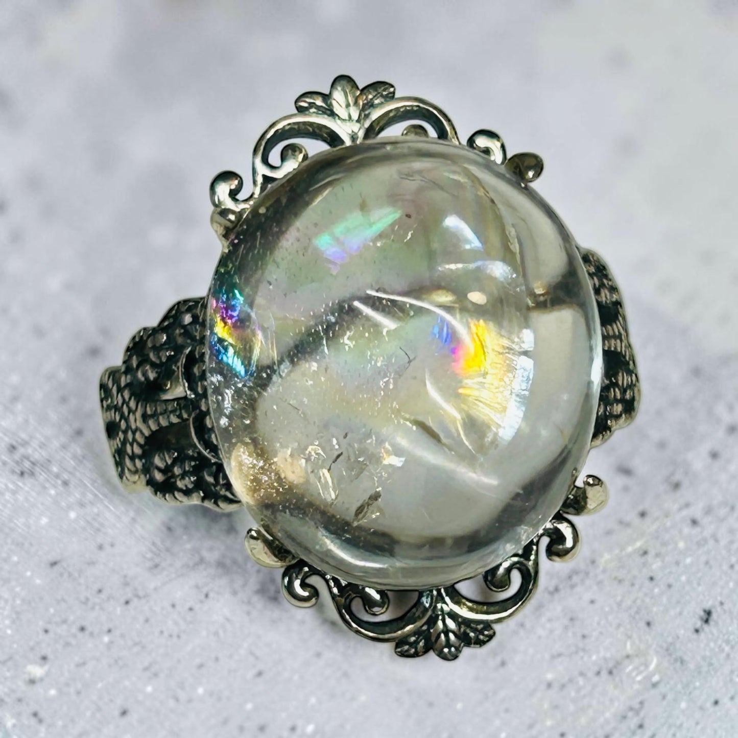 Clear Quartz Ring with Rainbows • Ornate Fleur-de-Lis Style Setting • 925 Sterling Silver with Gift Box