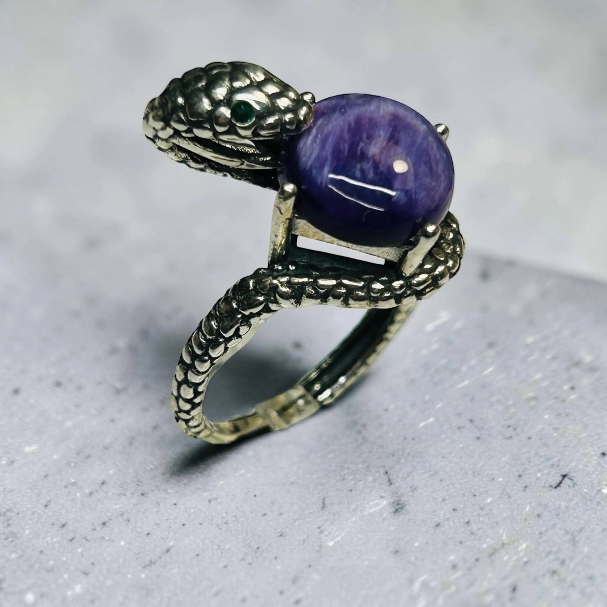925 Silver Snake Ring with Charoite - Adjustable Serpent Jewellery with CZ Eyes - Gift Boxed Celtic Dragon Jewellery
