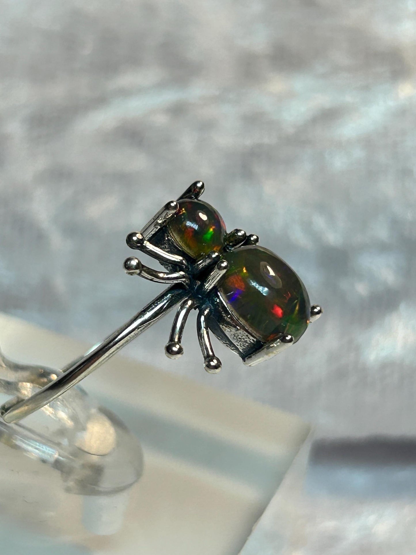 Spider Ring with Black Opal Gemstones • 925 Sterling Silver • Adjustable • Gift Box