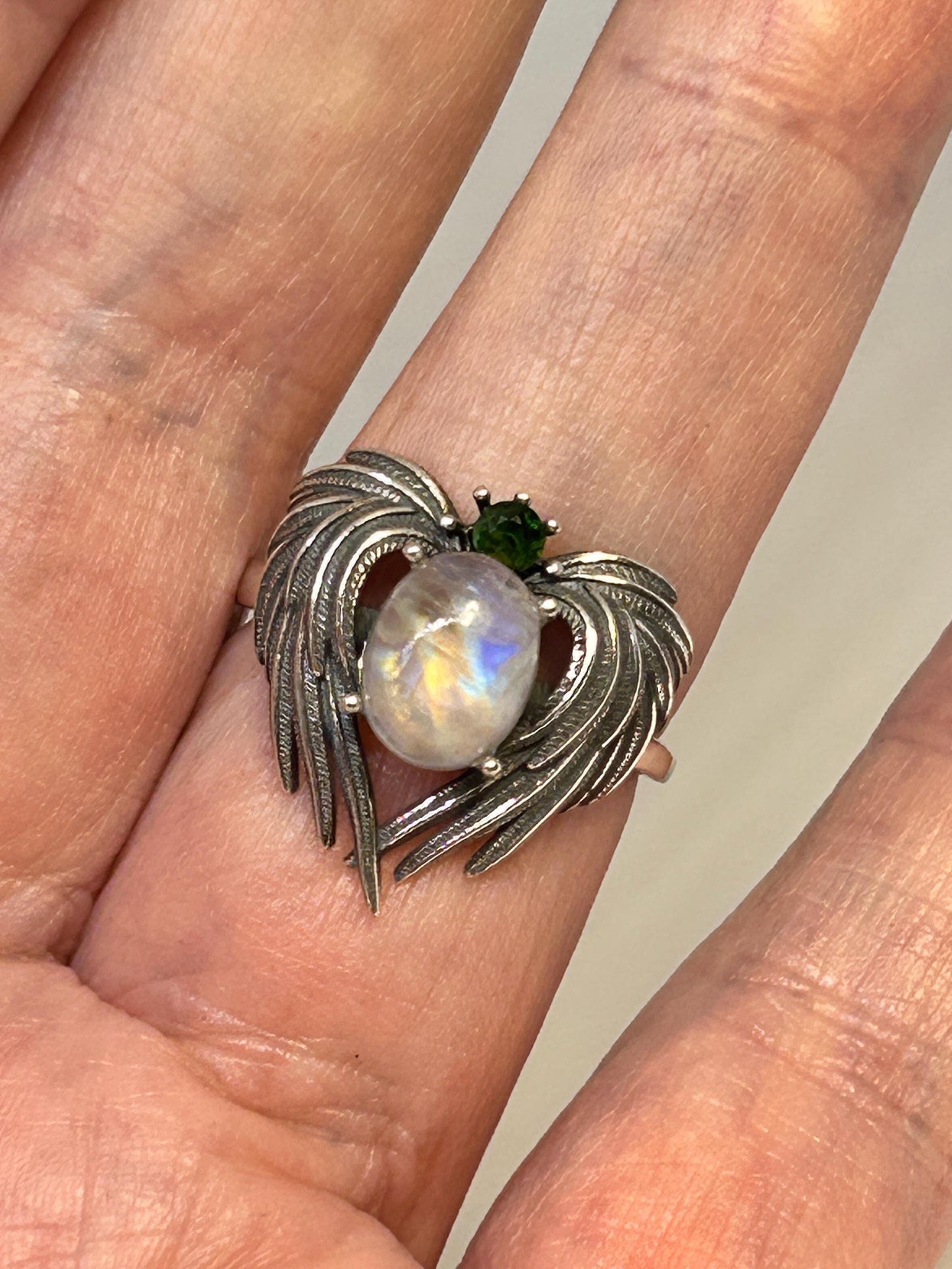 Angel Wings Ring with Labradorite & Diopside • 925 Sterling Silver • Adjustable • Gift Box