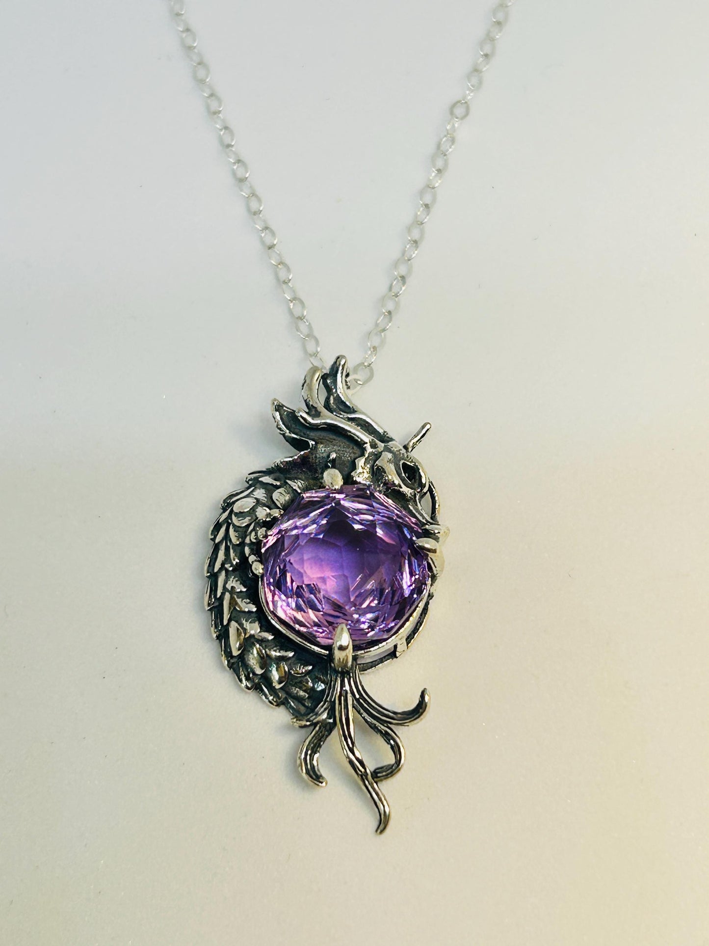 Amethyst Dragon Pendant | 925 Sterling Silver Necklace | Handcrafted Fantasy Jewellery | Gift for Her