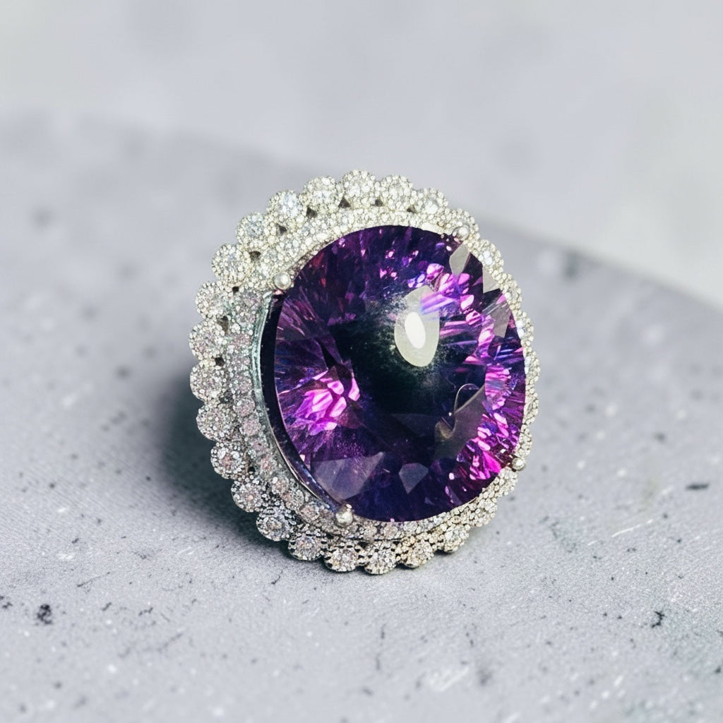 Celtic Dragon Jewellery adjustable 925 silver ring with large oval amethyst and sparkling CZ surround. Faceted amethyst with smooth centre.