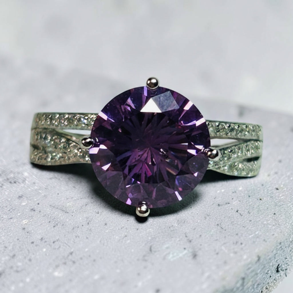 Celtic Dragon Jewellery large amethyst solitaire ring with CZ triple band, rhodium plated silver, adjustable.