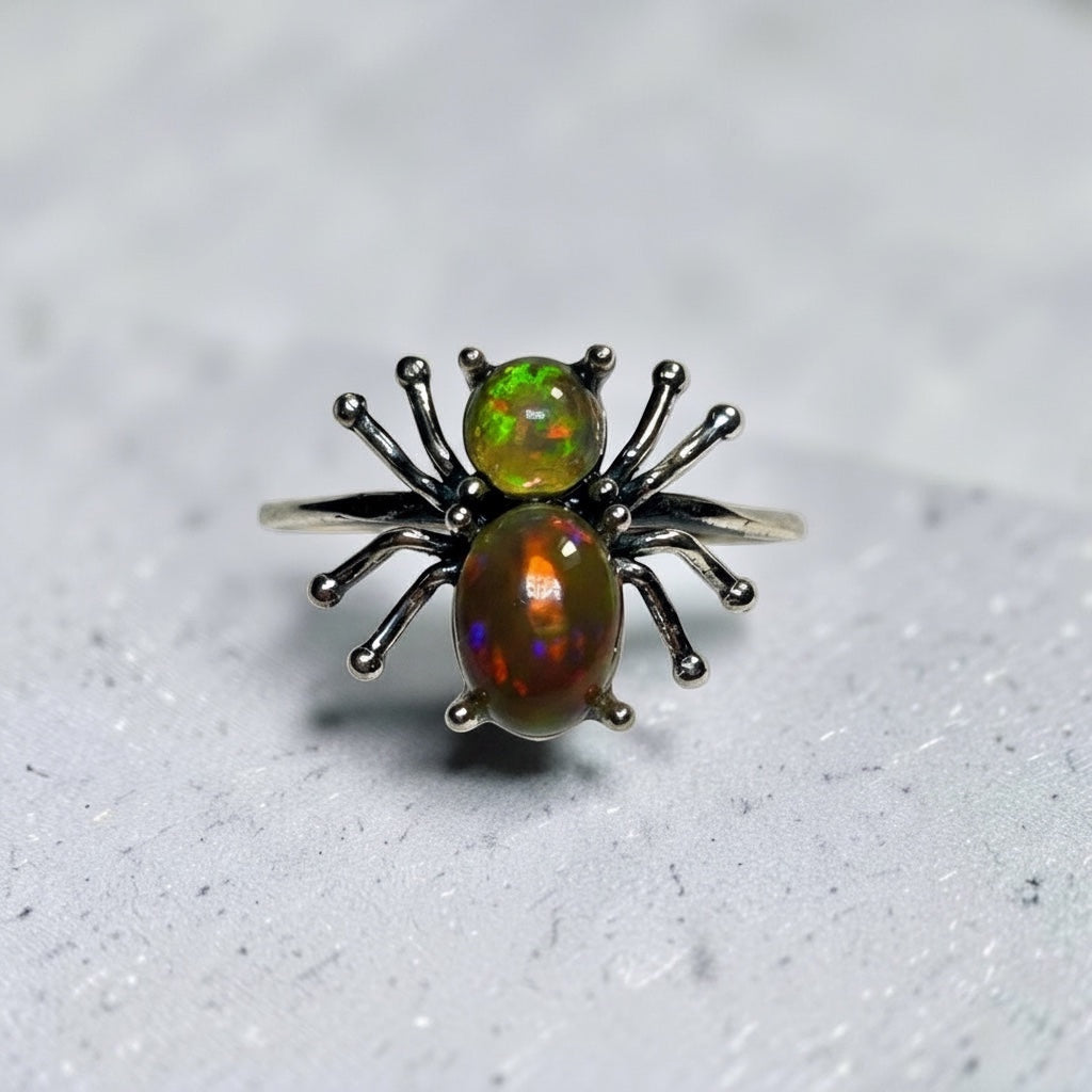 Celtic Dragon Jewellery black opal spider ring in 925 sterling silver with adjustable size.