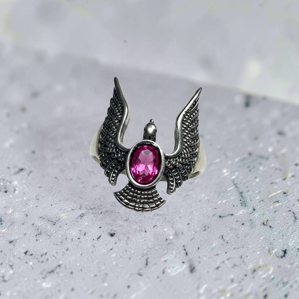 Celtic Dragon Jewellery adjustable silver eagle ring with pink topaz gemstone.