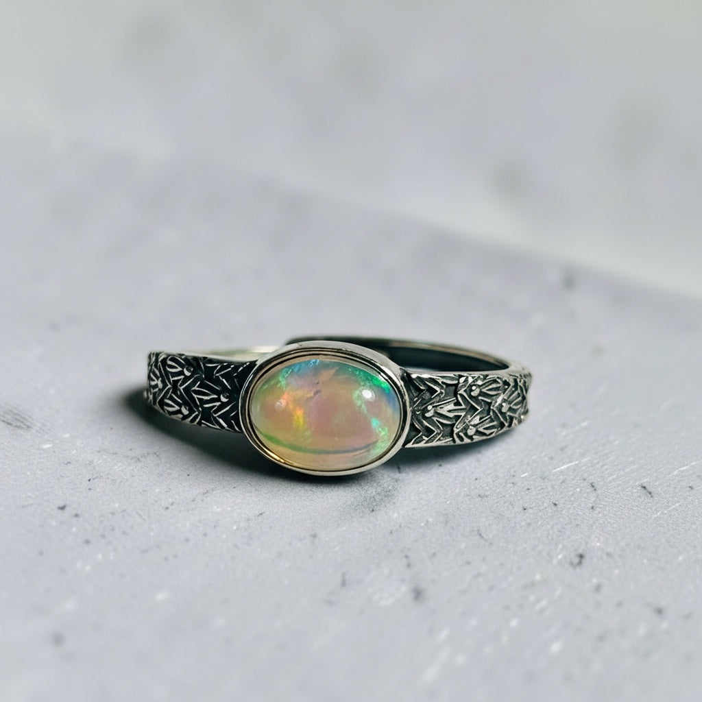Celtic Dragon Jewellery adjustable 925 silver ring with a bezel-set oval rainbow opal gemstone and intricate leaf detailing.