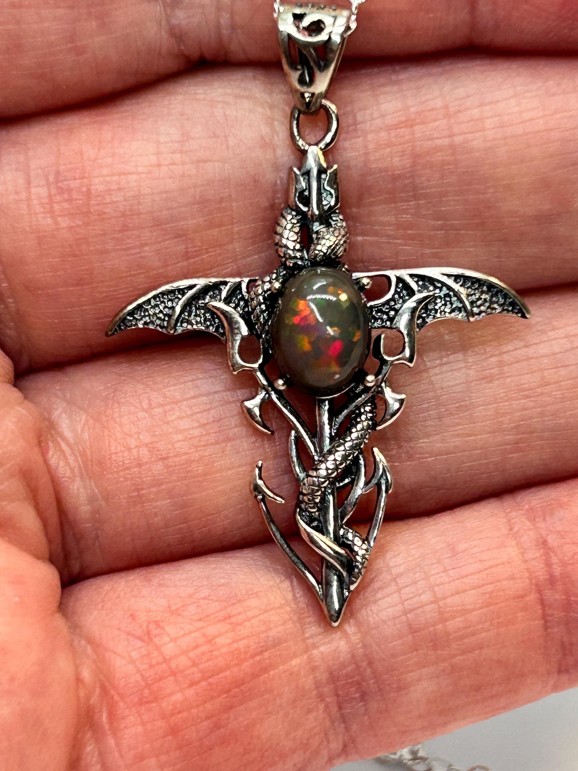 Celtic Dragon Jewellery Sterling Silver Dragon Cross Pendant with Black Opal gemstone, gothic fantasy necklace.