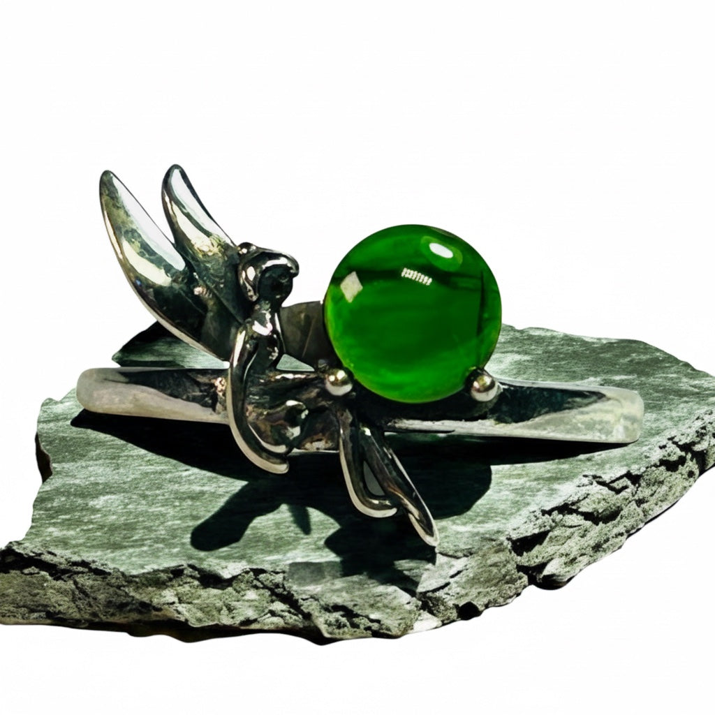 Celtic Dragon Jewellery sterling silver fairy ring with smooth green diopside gemstone, adjustable band.