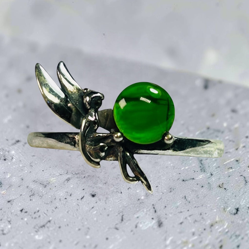 Celtic Dragon Jewellery sterling silver fairy ring with smooth green diopside gemstone, adjustable band.