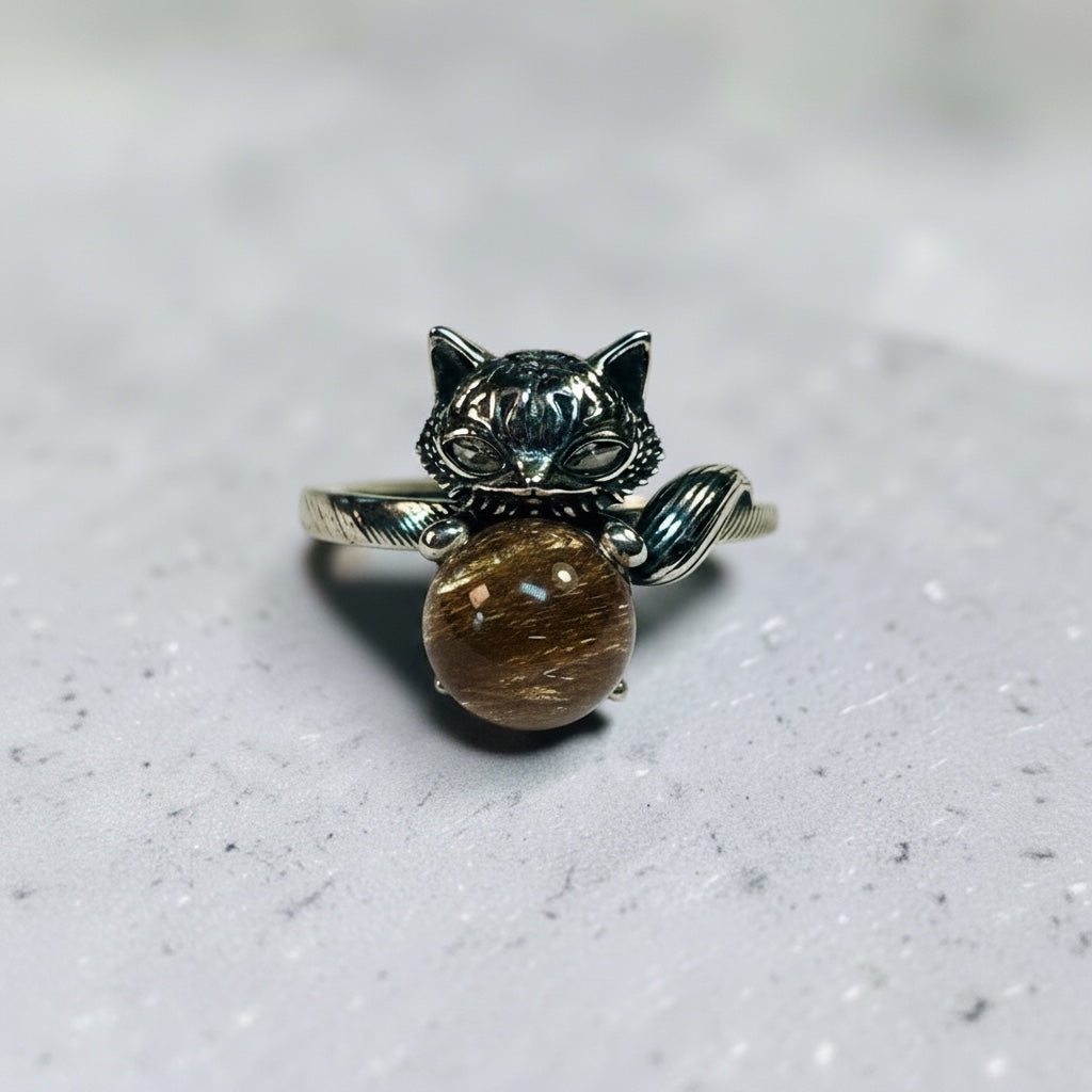 Celtic Dragon Jewellery Sterling Silver Fox Ring with Rabbit Hair Quartz gemstone and CZ eyes, adjustable.