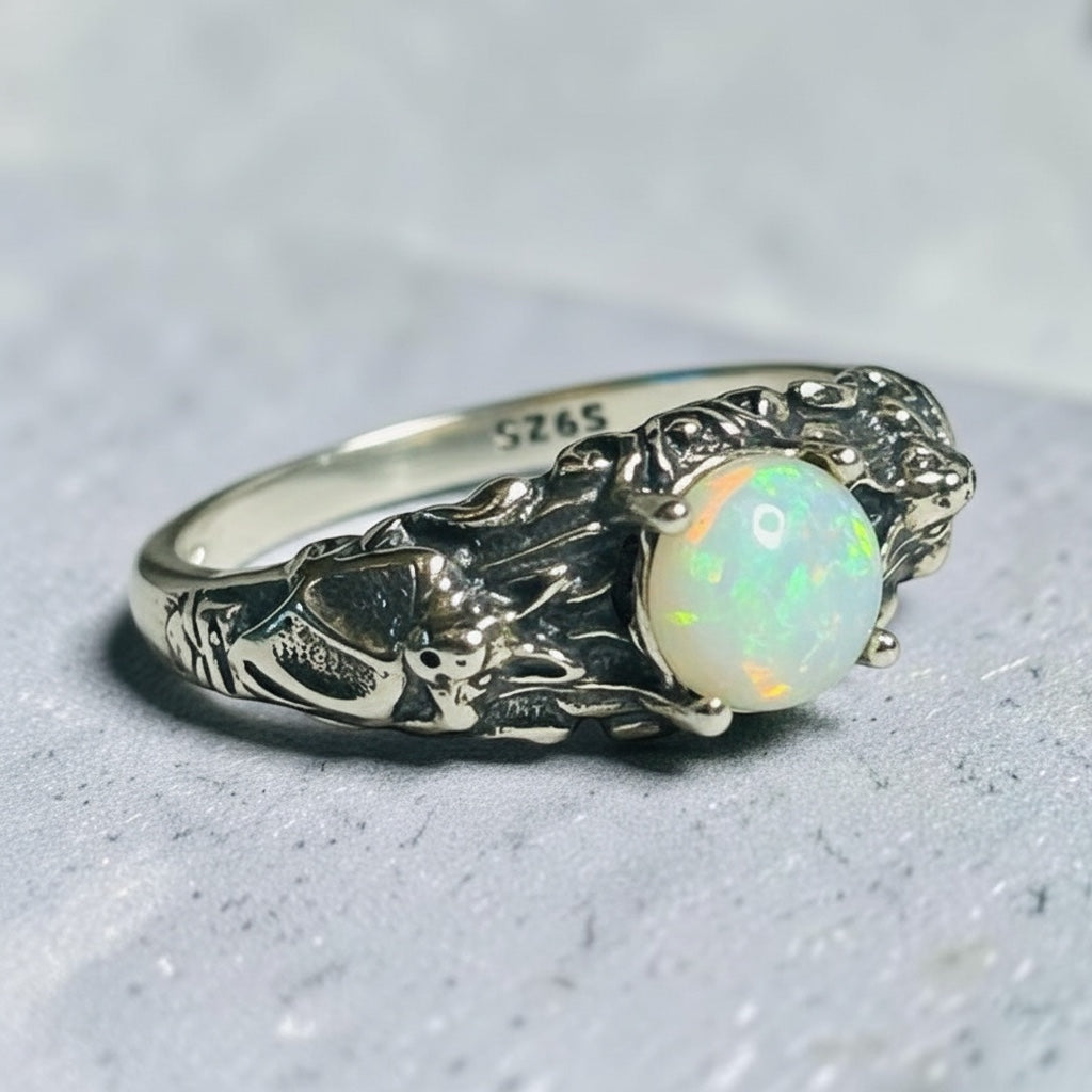 Celtic Dragon Jewellery adjustable 925 sterling silver ring with a round opal gemstone and bat details.