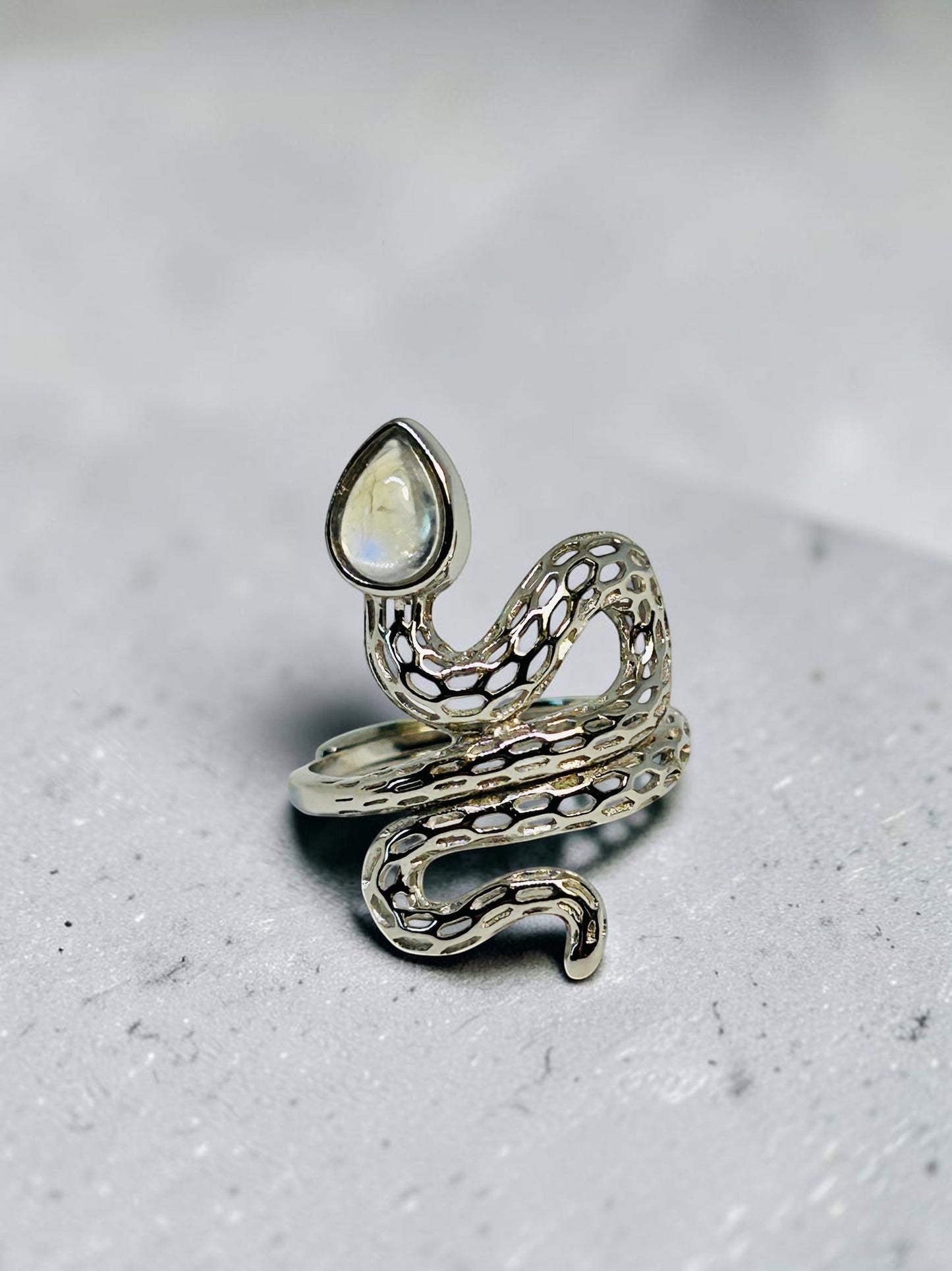 Celtic Dragon Jewellery sterling silver adjustable snake ring with teardrop moonstone gemstone, blue flash, gift boxed.