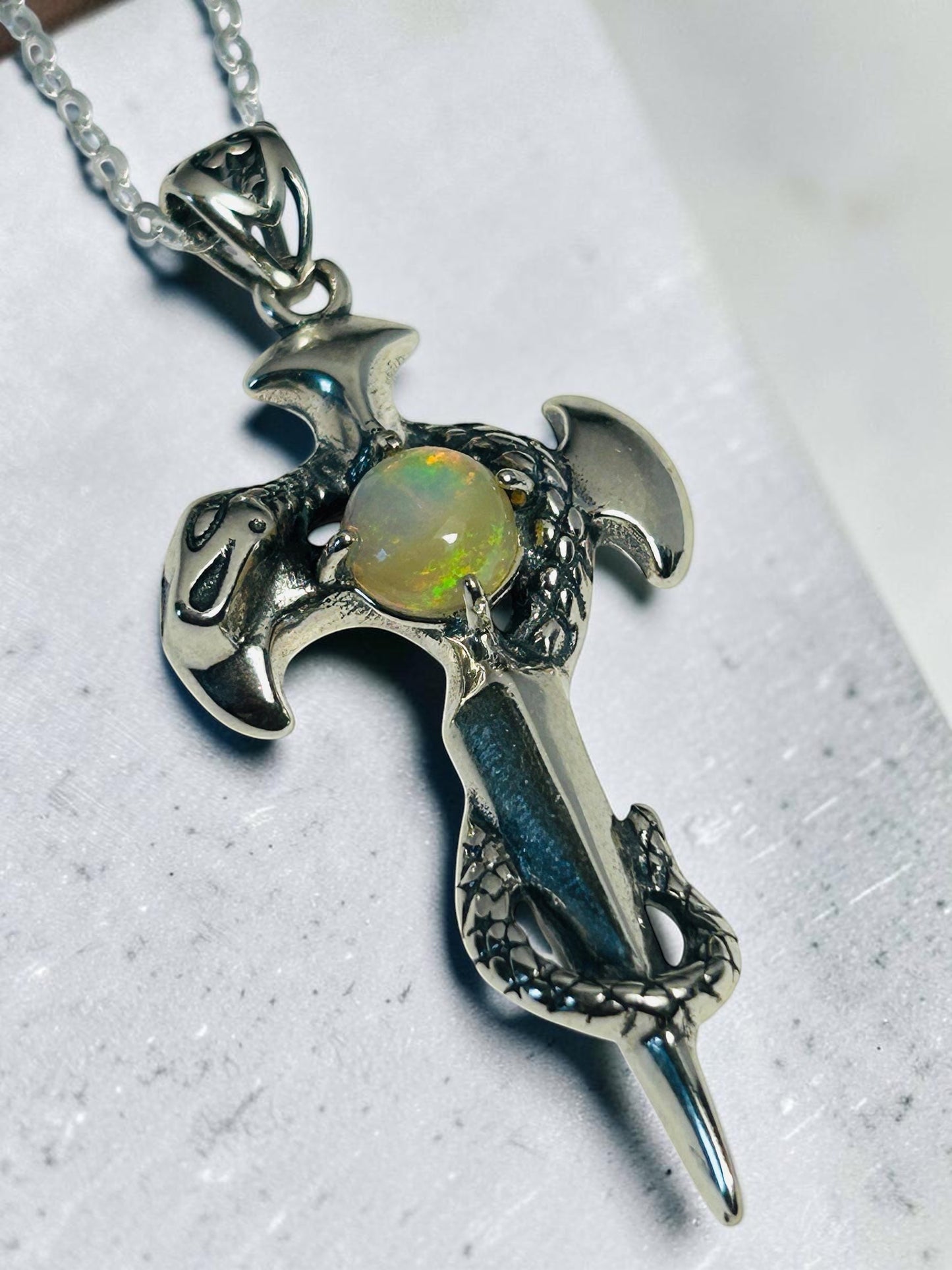 Celtic Dragon Jewellery Sterling Silver Snake on Sword Pendant with Rainbow Opal Gemstone. 925 silver.