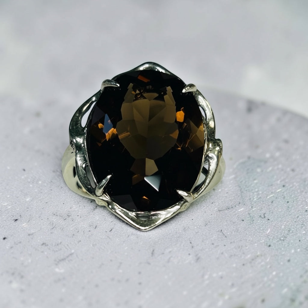 Celtic Dragon Jewellery large faceted oval smoky quartz statement ring in 925 sterling silver.