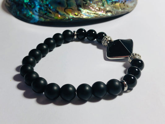 Black Agate & Obsidian Beaded Bracelet with Obsidian Pyramid