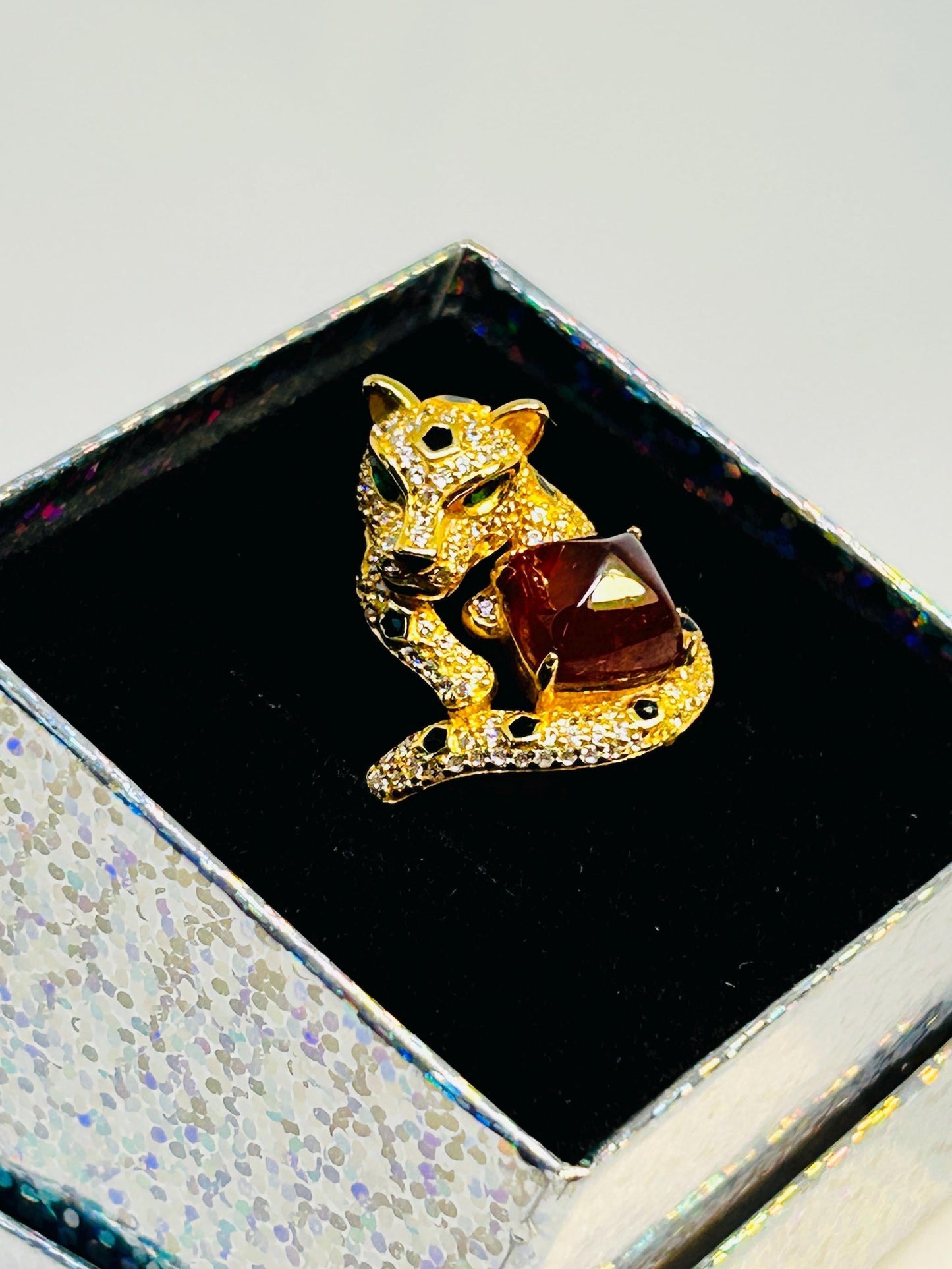 Gold Plated Silver Leopard Ring with Orange Garnet Gemstone • 925 Sterling Silver • Adjustable • Gift Box