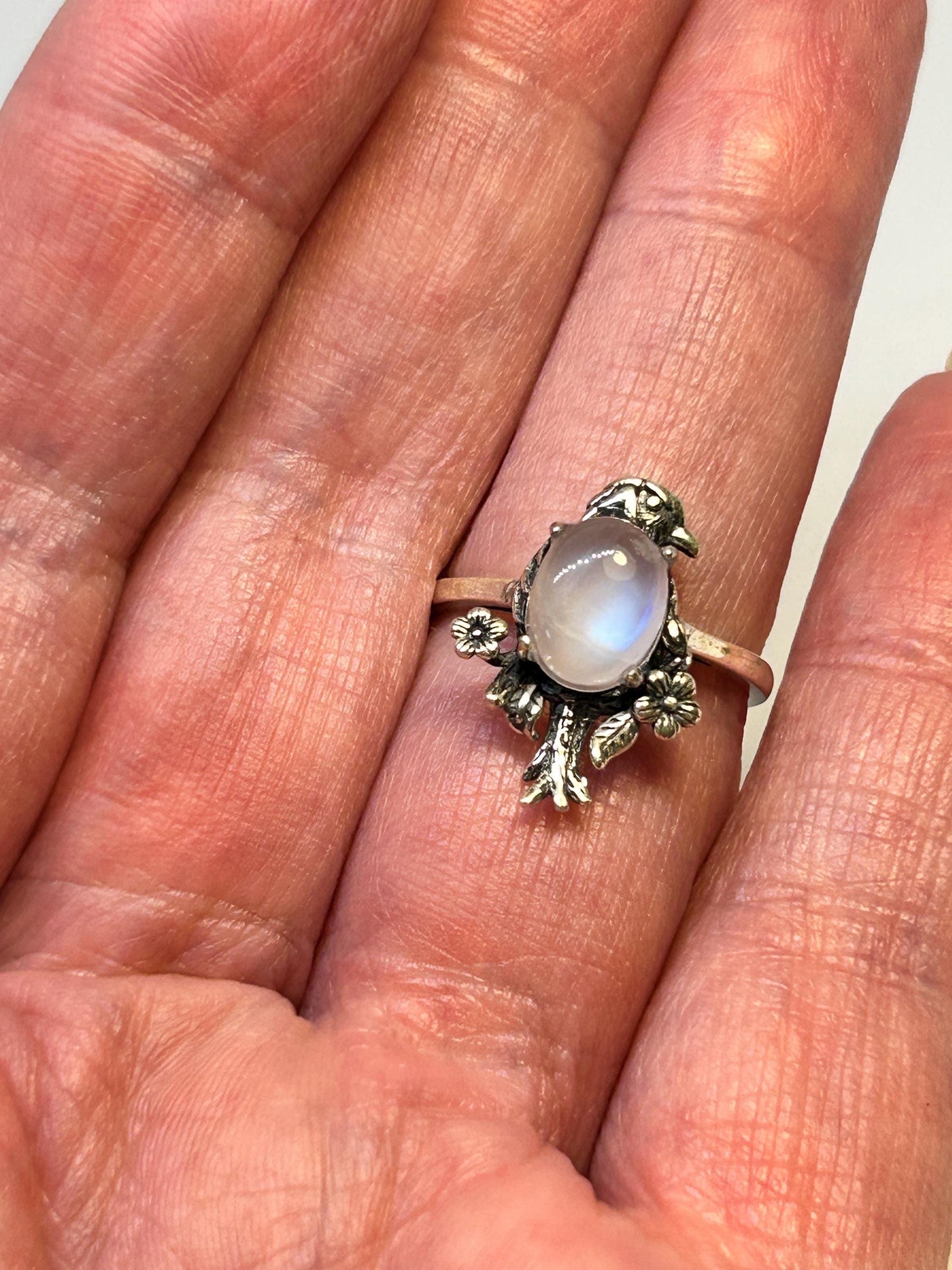 Bird Ring with Rainbow Moonstone Gemstone • 925 Sterling Silver • Adjustable • Gift Box