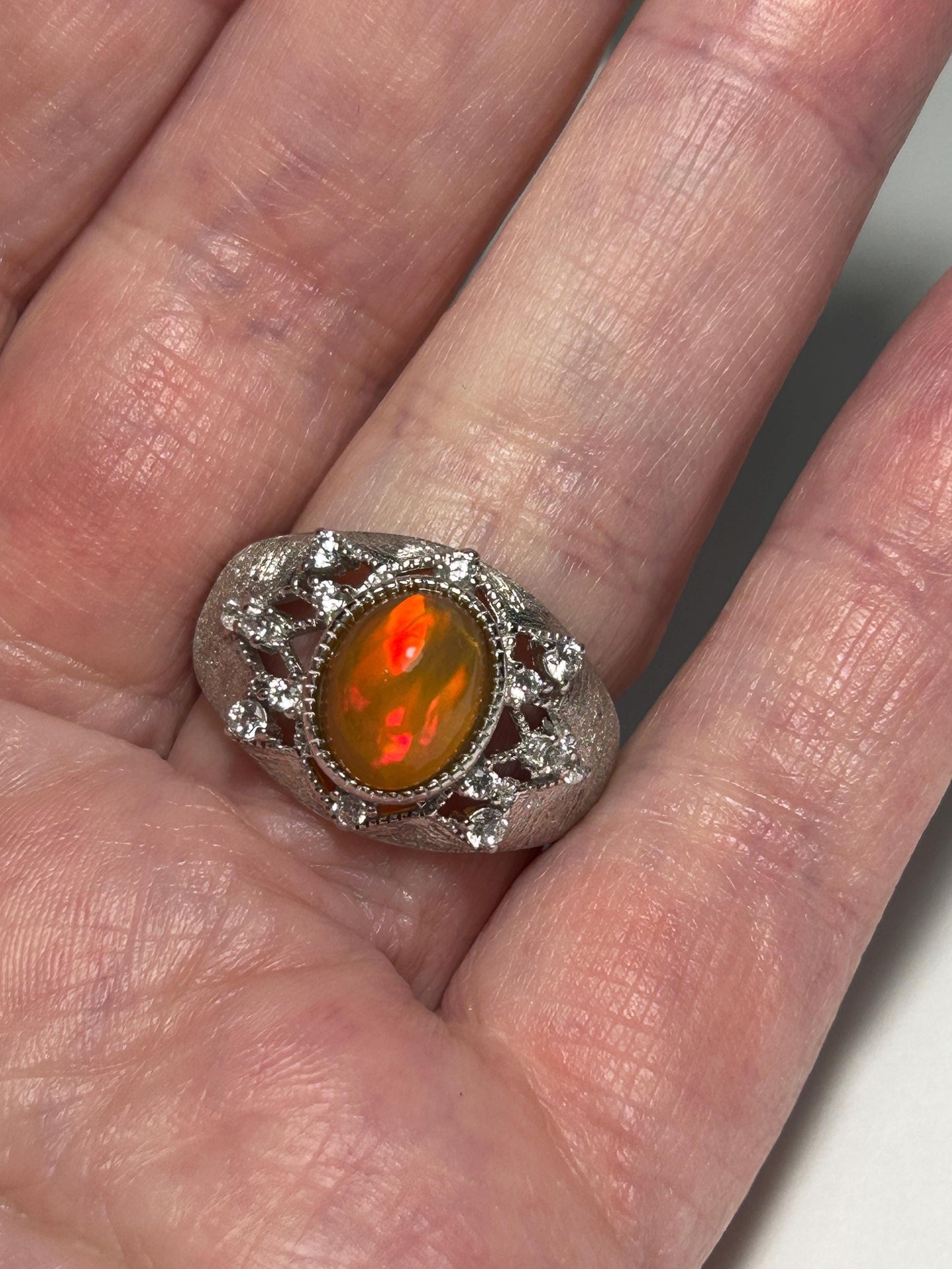 Men’s Chunky Gemstone Ring with Orange Opal Gemstone & CZ Accents • 925 Sterling Silver • Adjustable • Gift Box