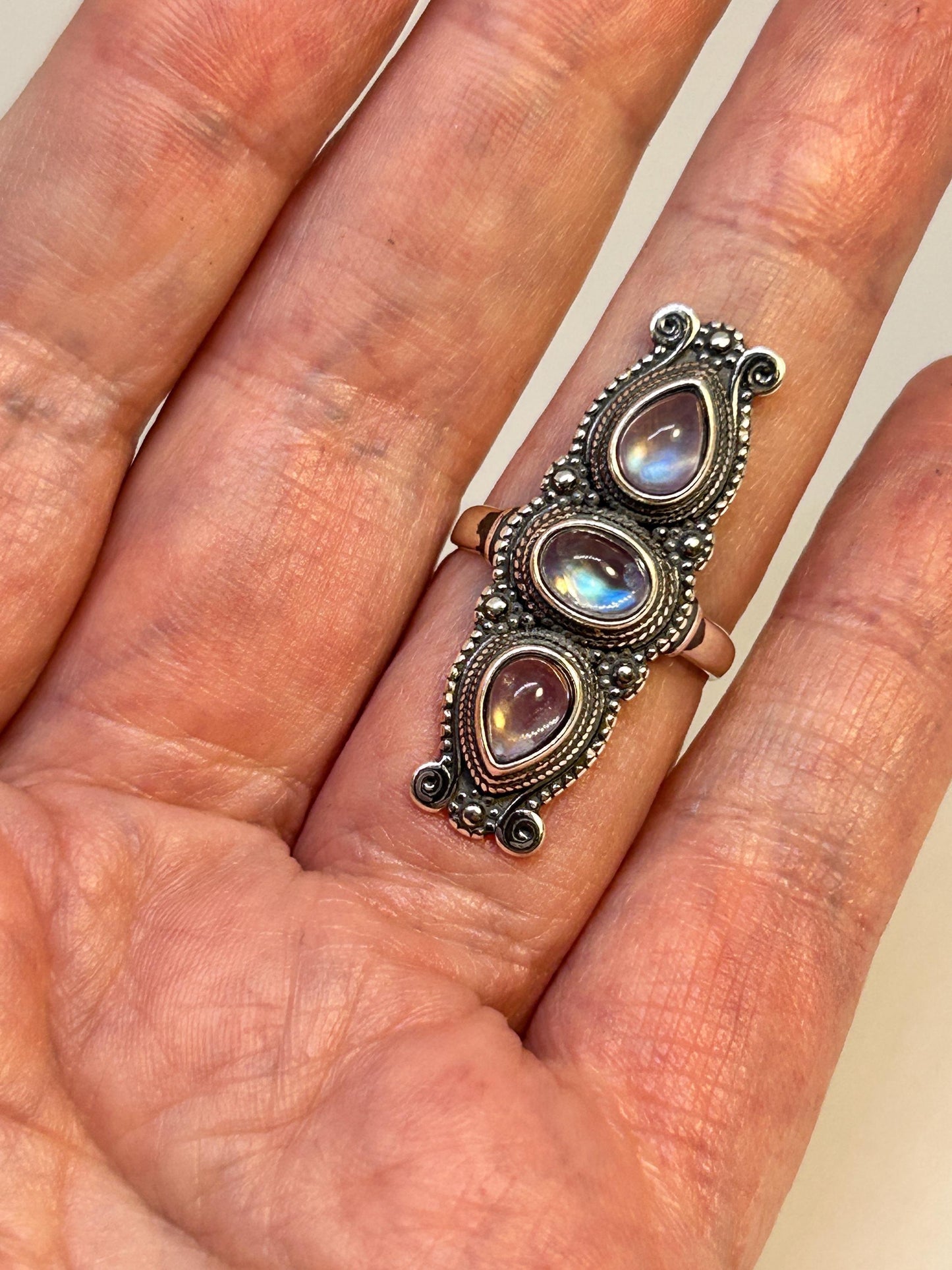 Bohemian Ring with Three Moonstone Gemstones • 925 Sterling Silver • Adjustable • Gift Box