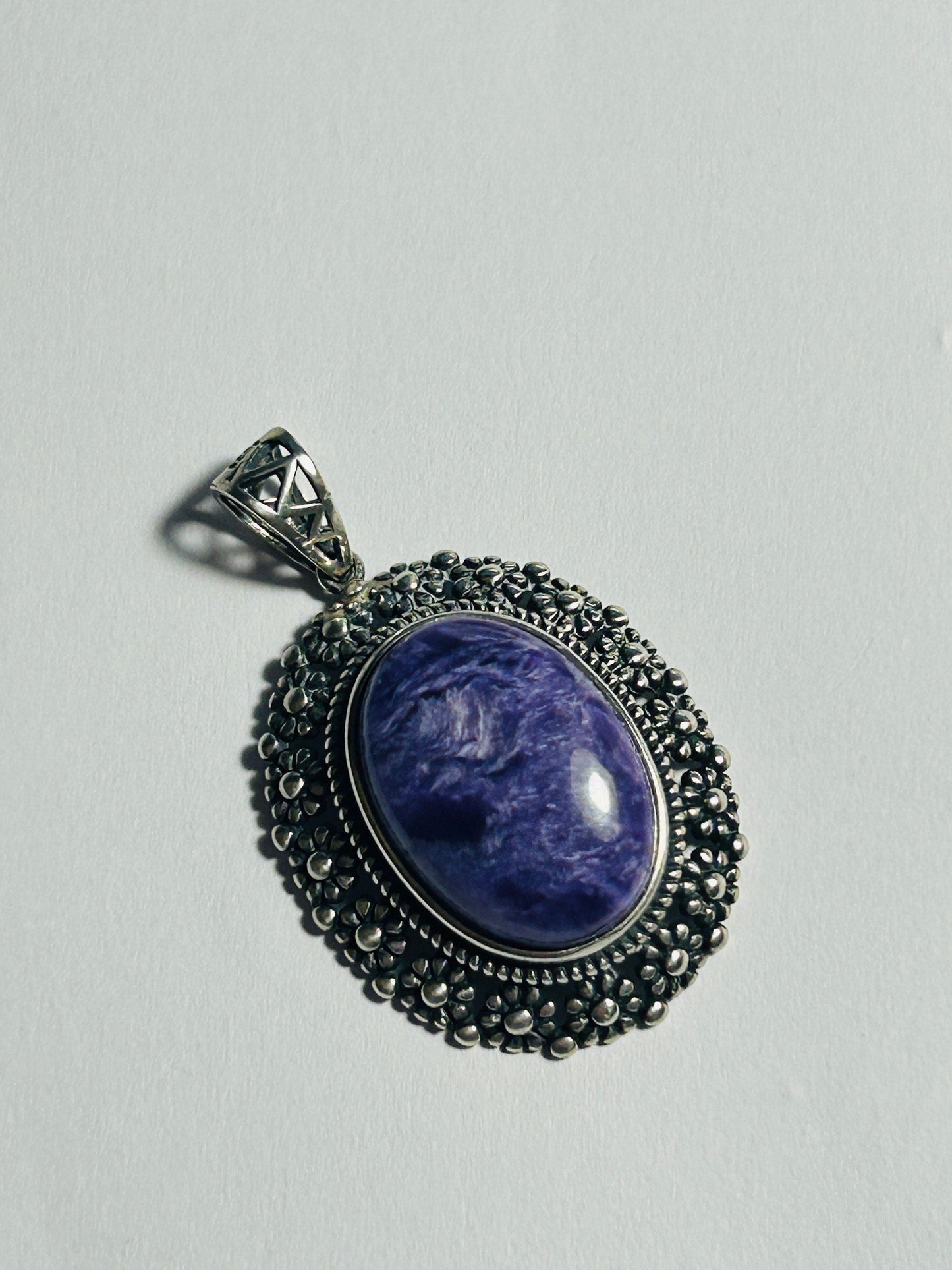Large Floral Pendant with Charoite Gemstone • 925 Sterling Silver • Gift Box