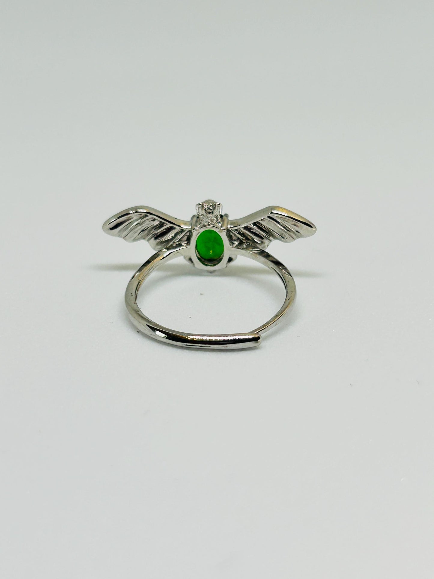 Sterling Silver Bat Ring: Faceted Diopside Gemstone, Adjustable Band