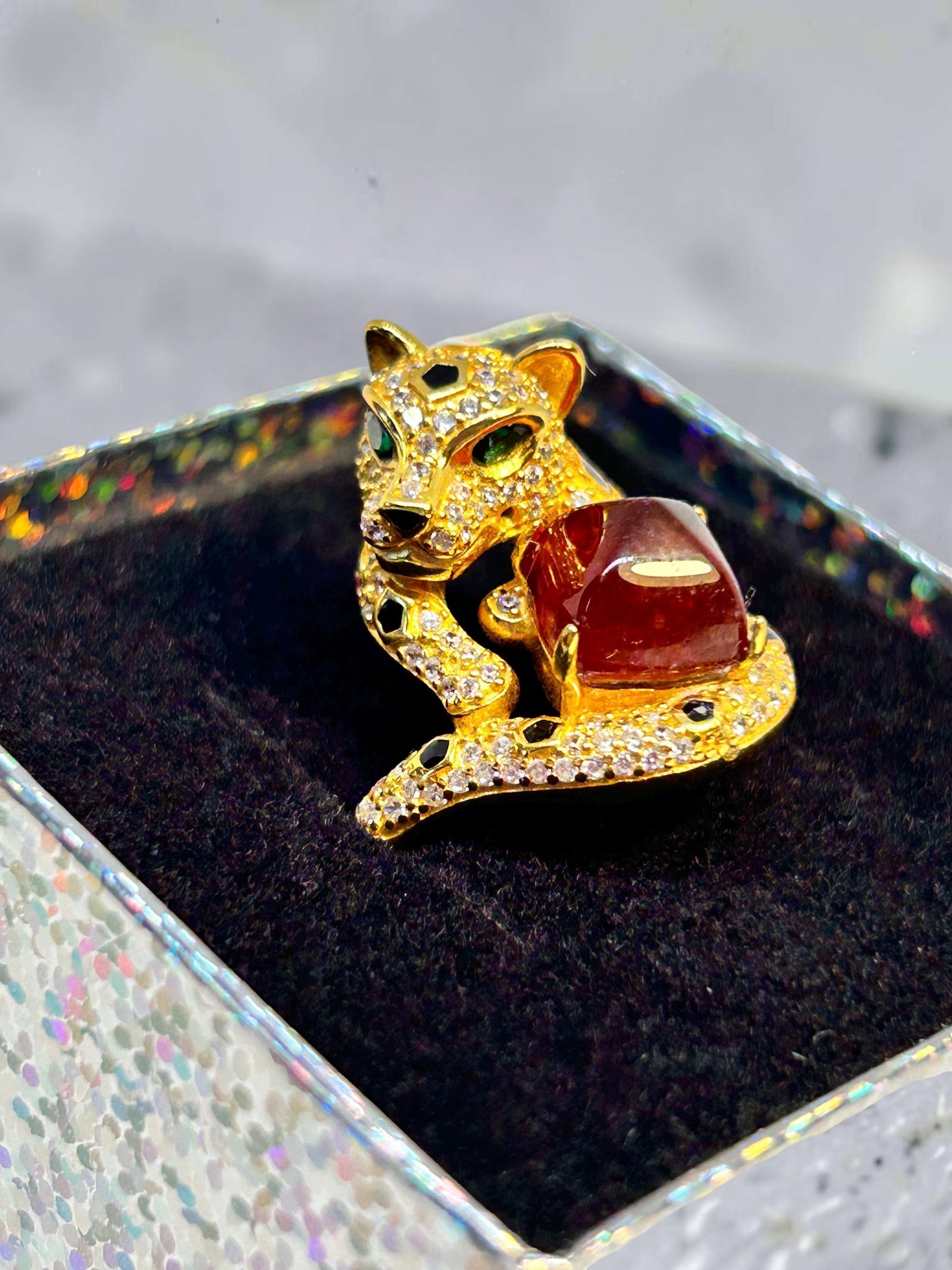 Gold Plated Silver Leopard Ring with Orange Garnet Gemstone • 925 Sterling Silver • Adjustable • Gift Box