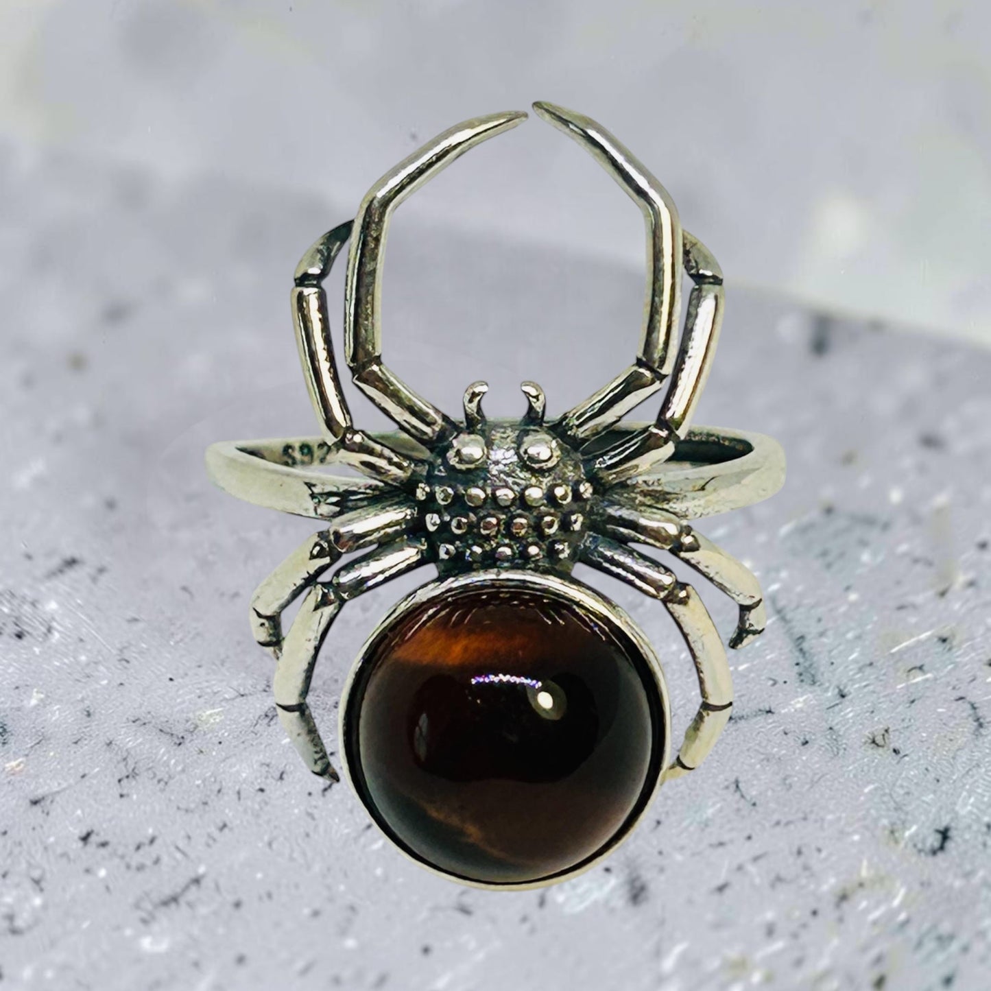 Gothic Spider Ring with Red Tigers Eye Gemstone • 925 Sterling Silver • Adjustable • Gift Box