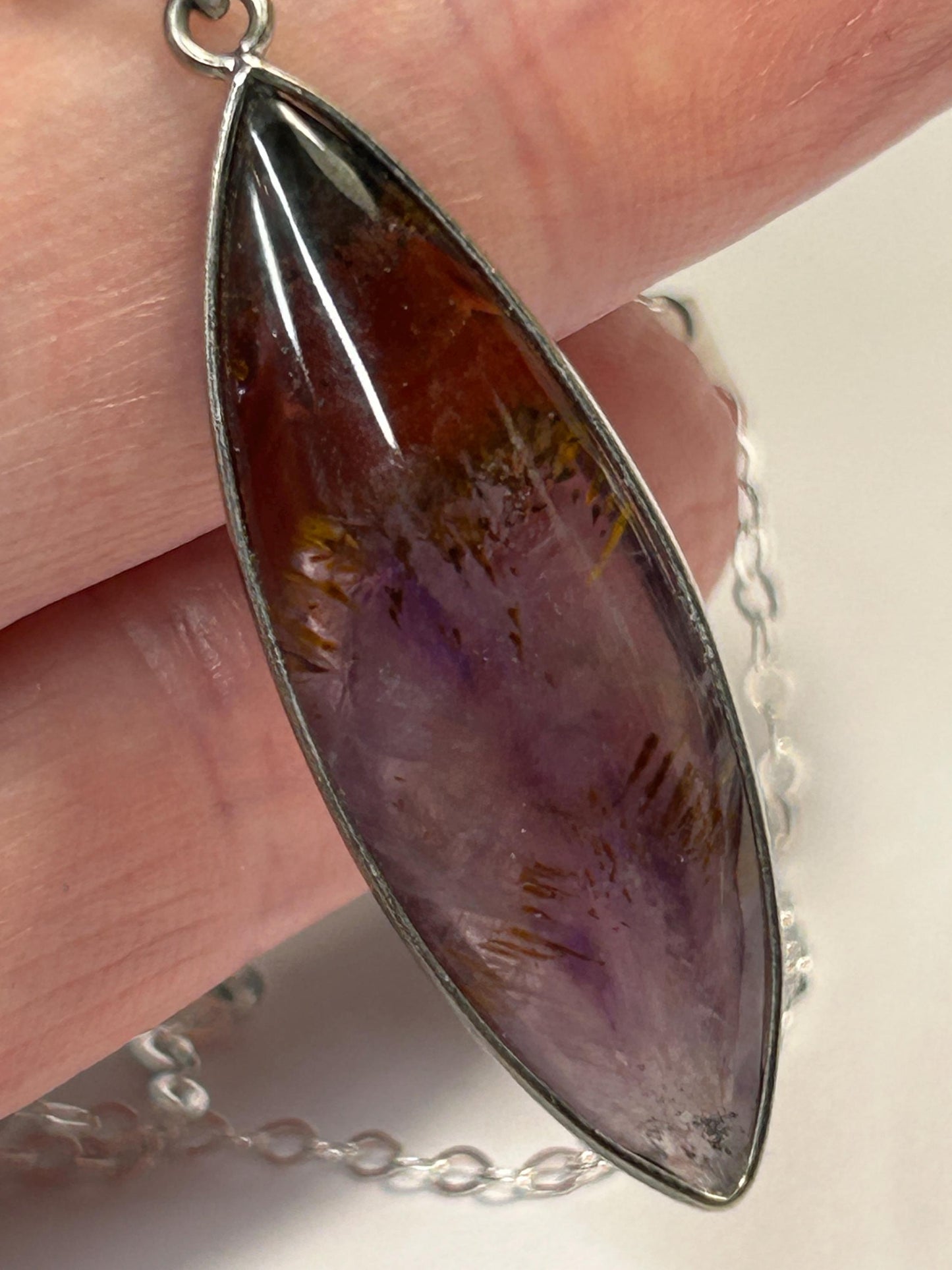 925 Silver Cacoxenite Amethyst Pendant • Marquise Cut • With Gift box