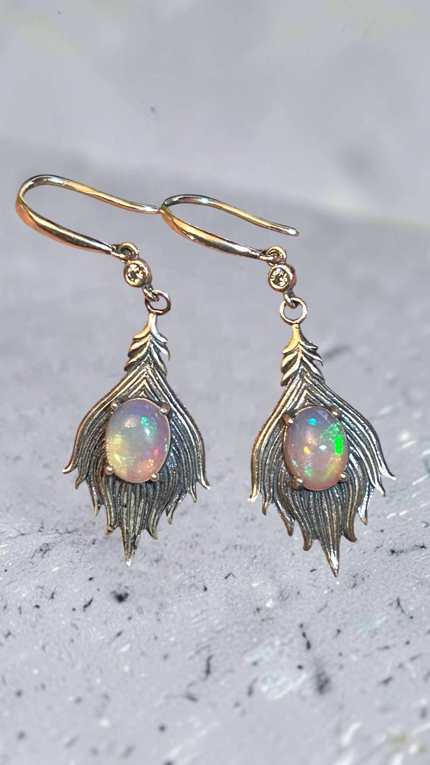 Feather Earrings with Opal Gemstones • 925 Sterling Silver • Gift Box