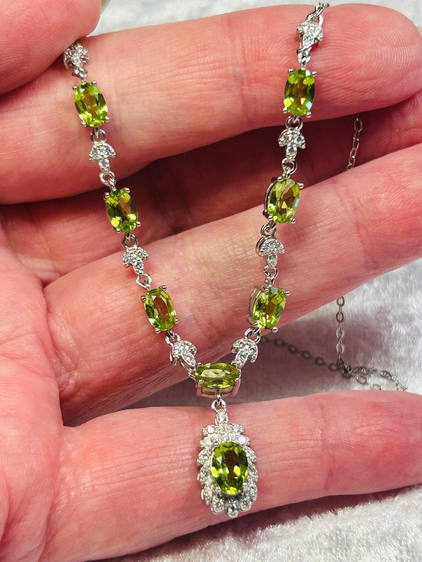 Floral Theme Necklace with Peridot Gemstones & CZ Combination • 925 Sterling Silver • Gift Box