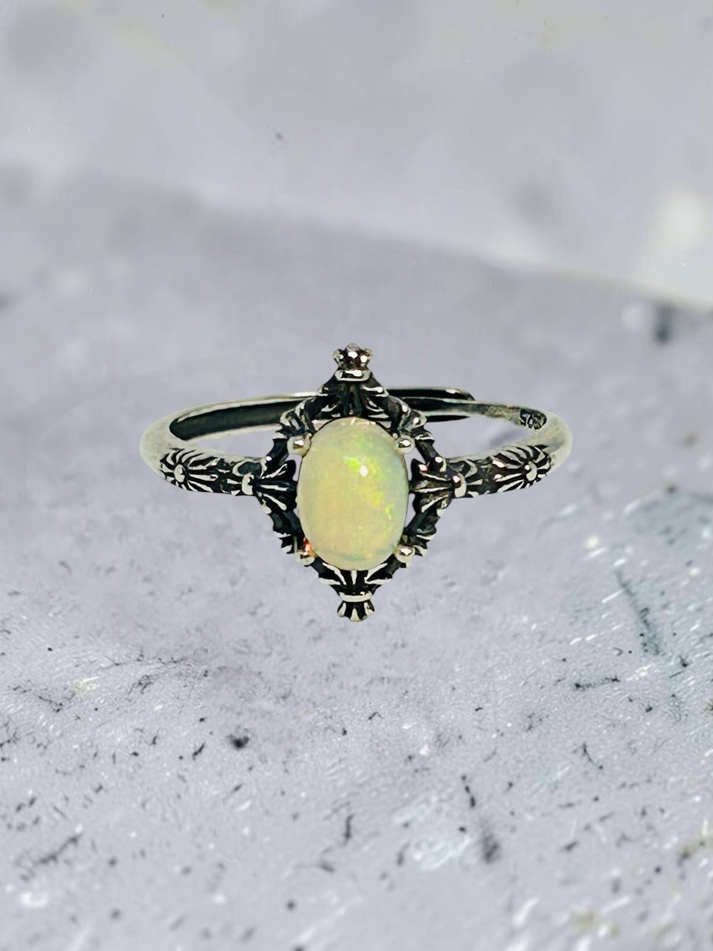 Fleur De Lys Ring with Opal Gemstone • 925 Sterling Silver • Adjustable • Gift Box