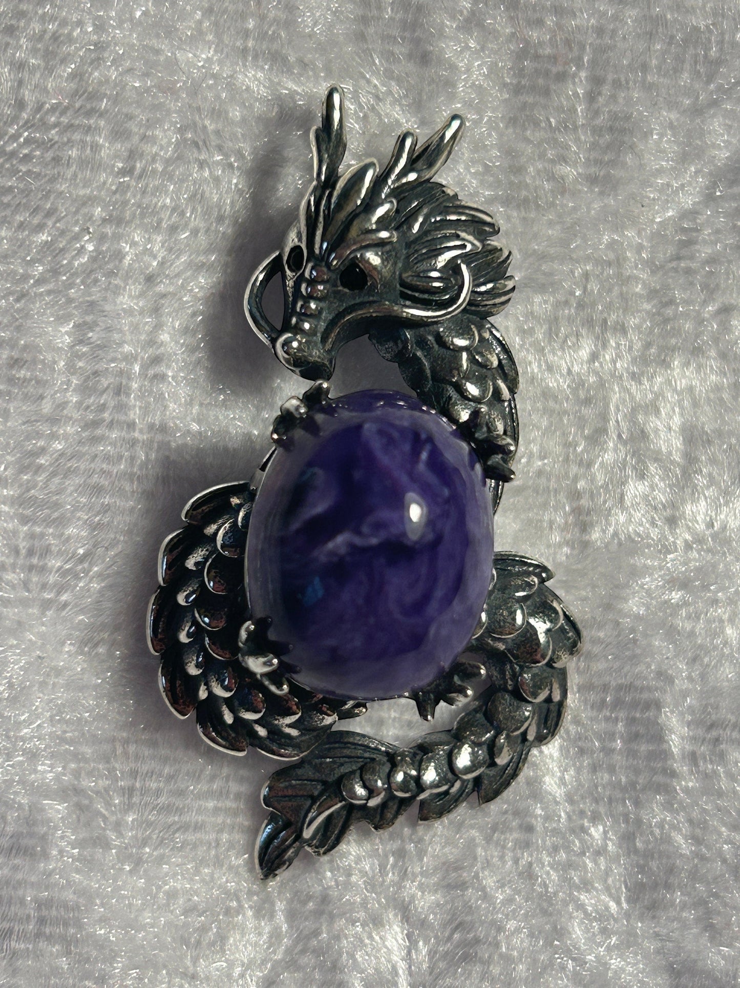 Dragon Pendant with Charoite Gemstone • 925 Sterling Silver • Gift Box